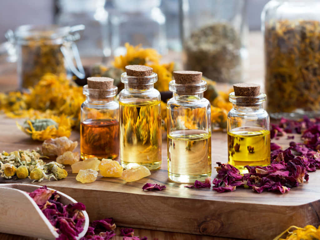 essential oil, glass bottles, golden essential oils, SD Desktop Wallpaper