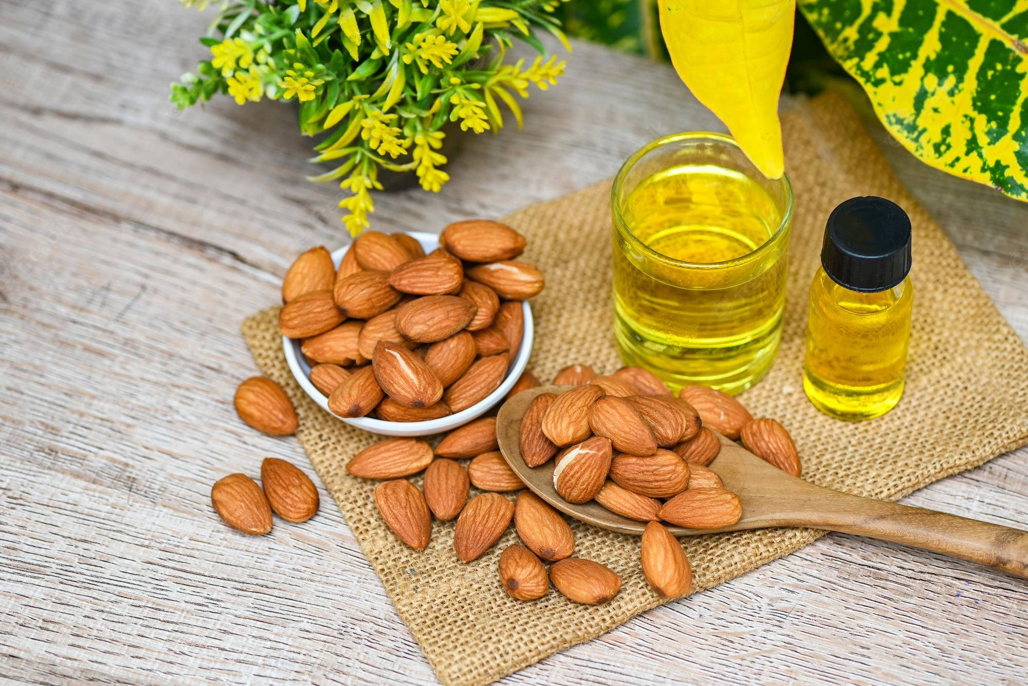 natural almond essential oil, rustic wooden table, almonds, Full HD Desktop Wallpaper