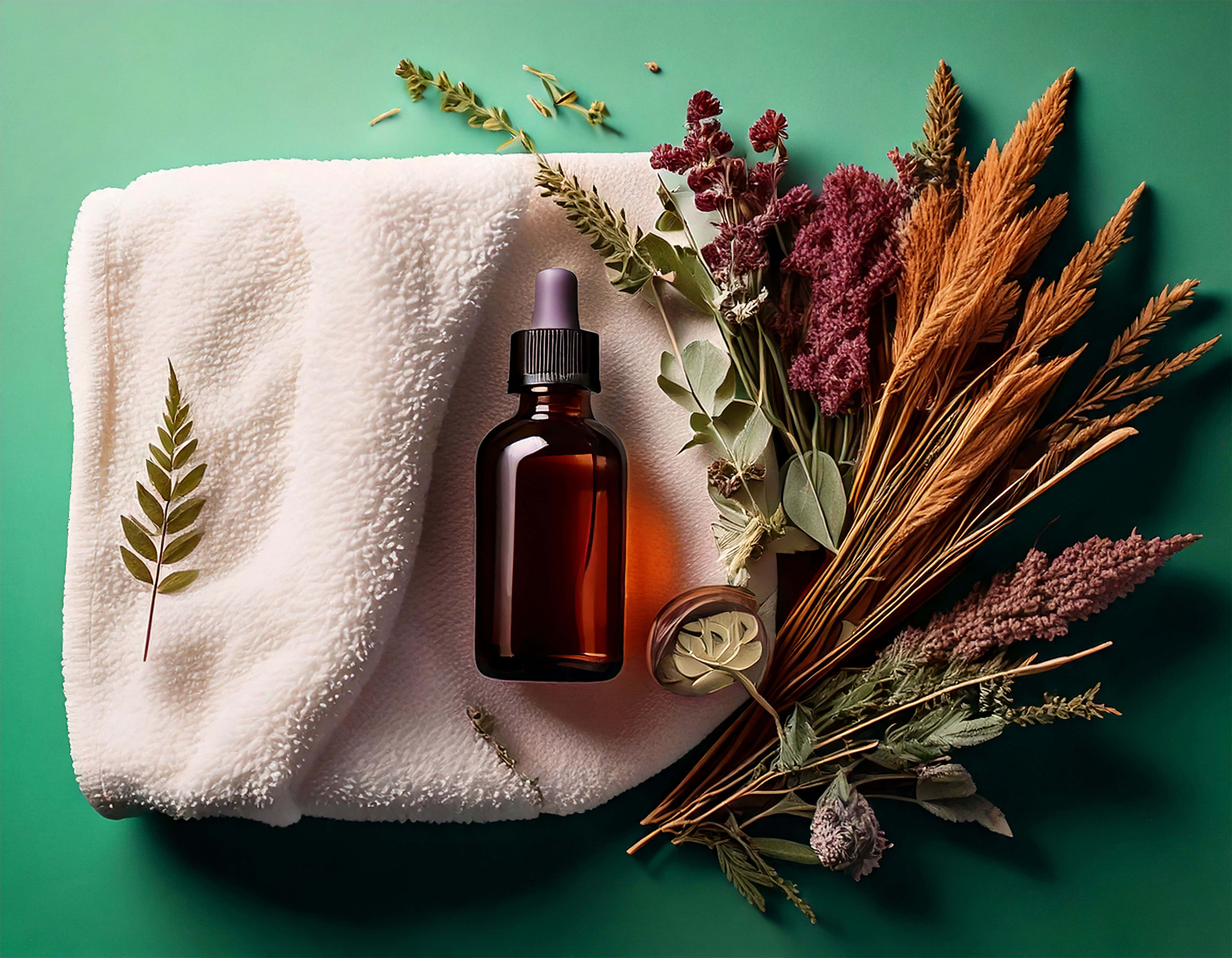 amber dropper bottle, fern leaf, dried flowers, 5K Desktop Wallpaper