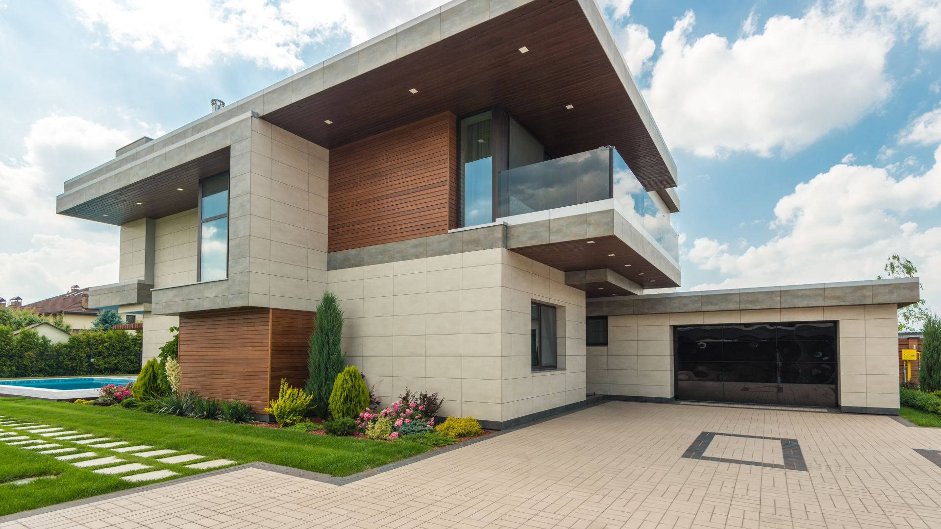 modern minimalist concrete home, garage, concrete and wood facade, Full HD Desktop Wallpaper