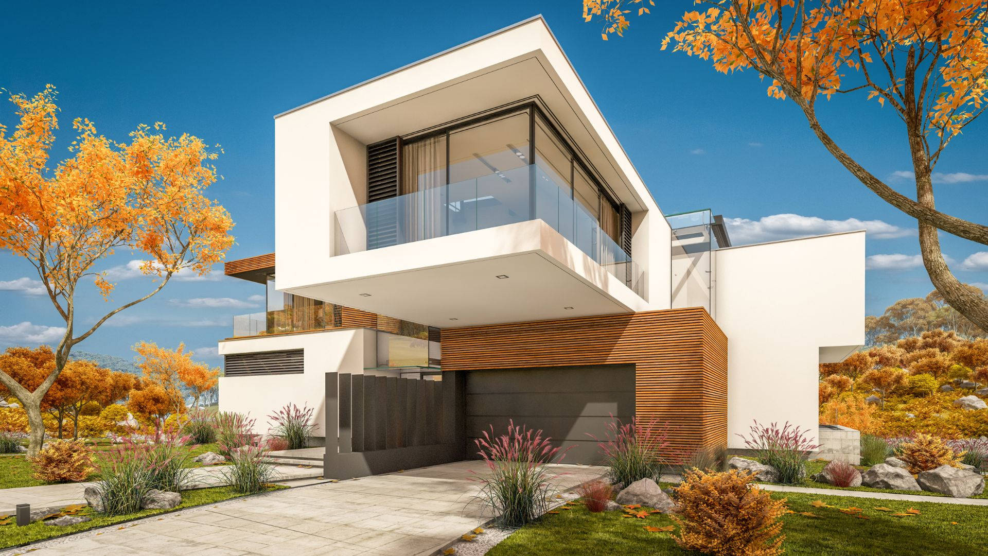 modern cozy home garage, autumn, white house, Full HD Desktop Wallpaper