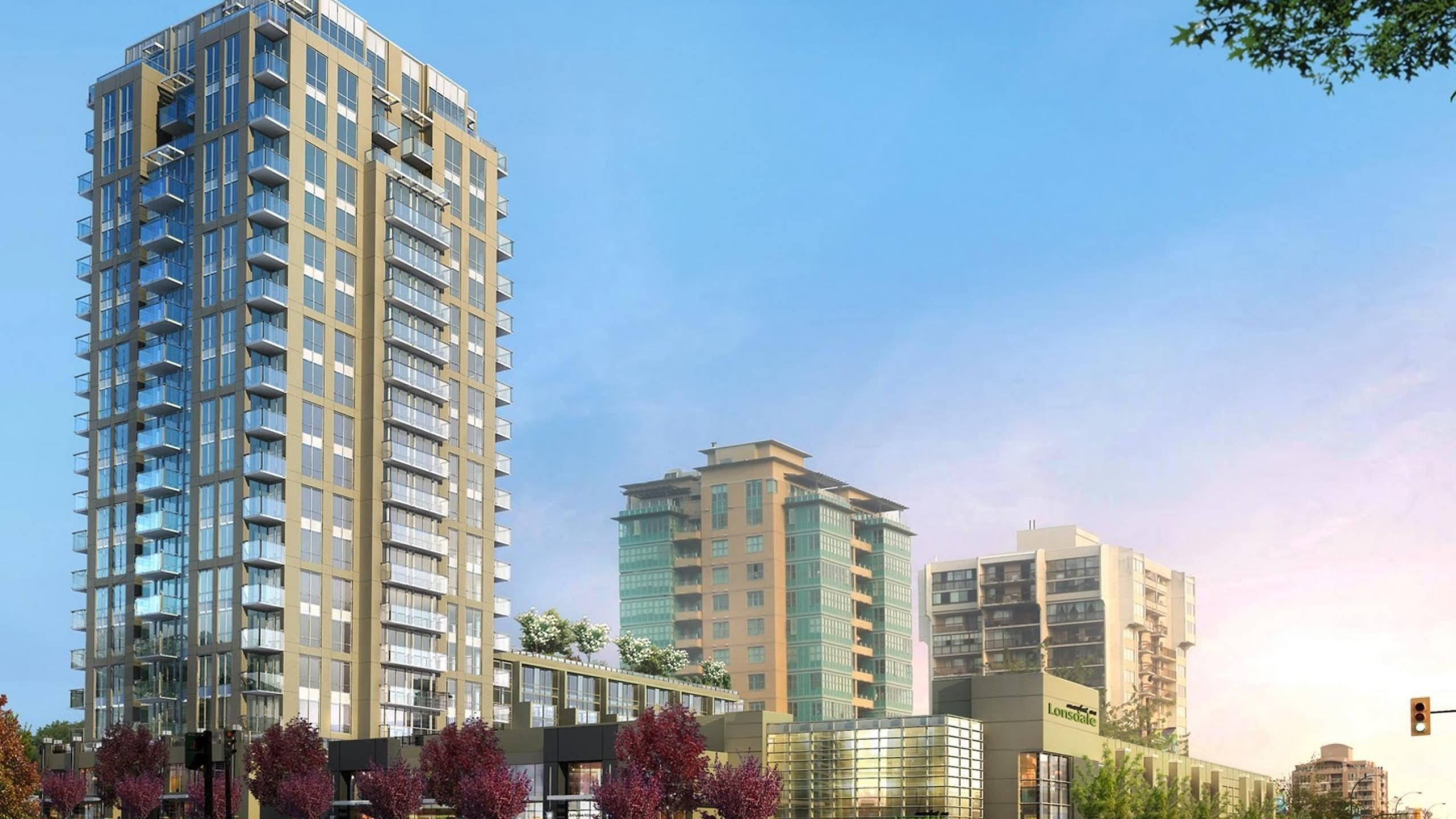 Stylish Urban Condominiums, glass balconies, clear blue sky, 2K Desktop Wallpaper