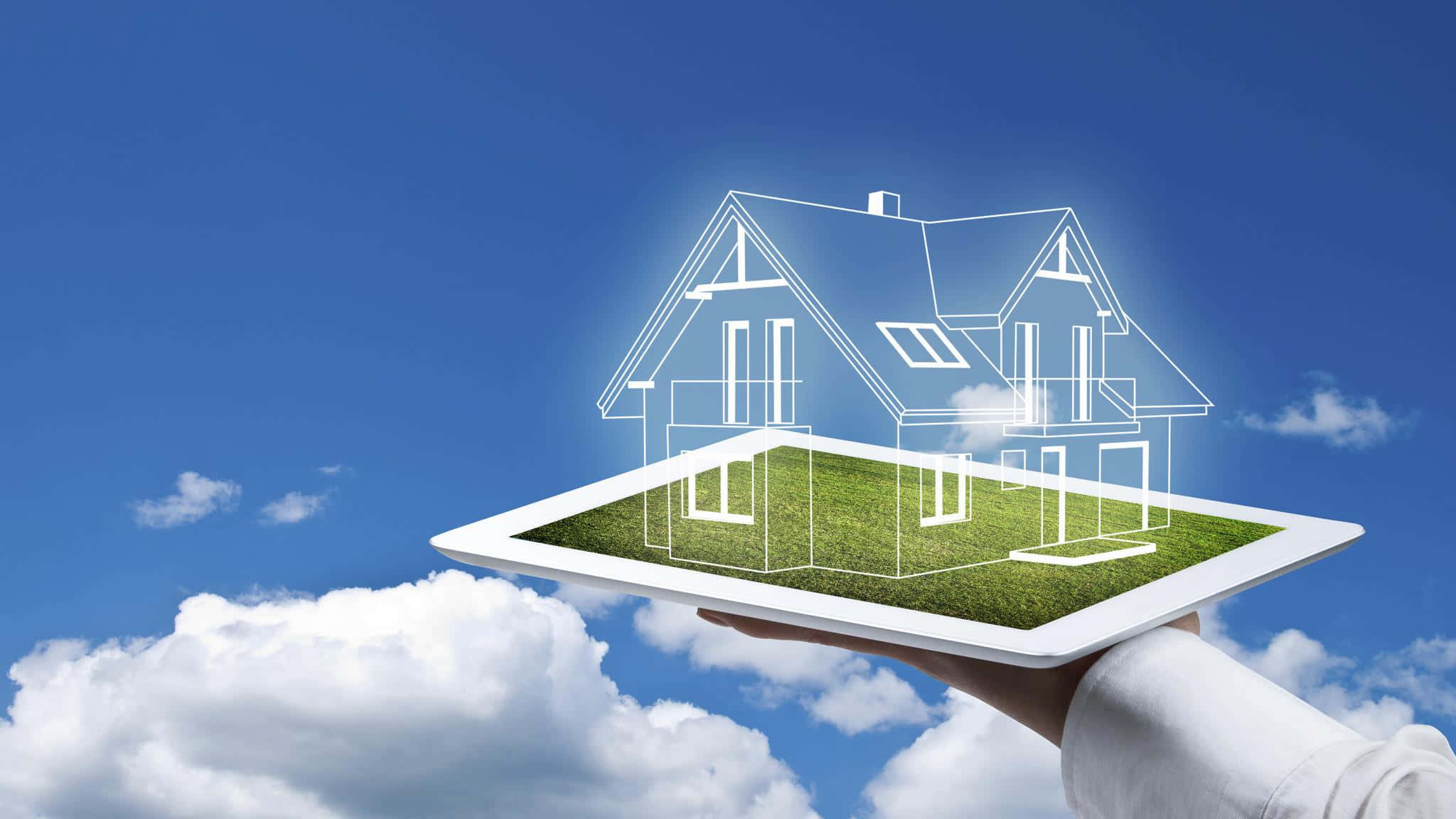 Virtual House Real Estate Agent, tablet, glowing house blueprint, Full HD Desktop Wallpaper