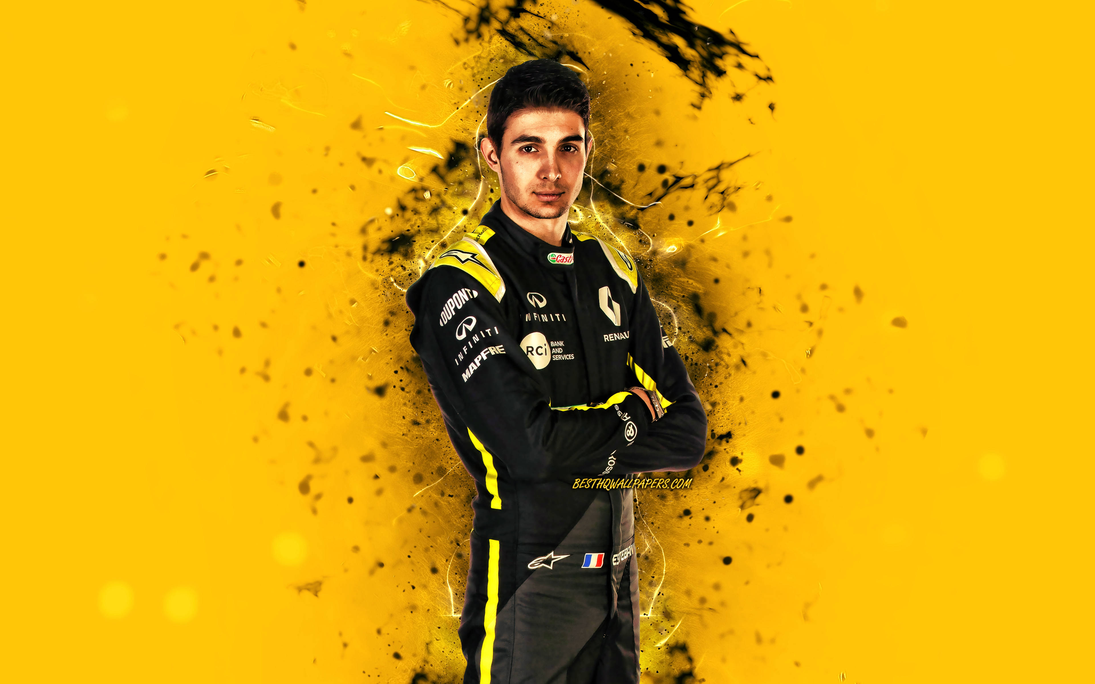 Esteban Ocon, race suit, vivid yellow backdrop, 4K Desktop Wallpaper