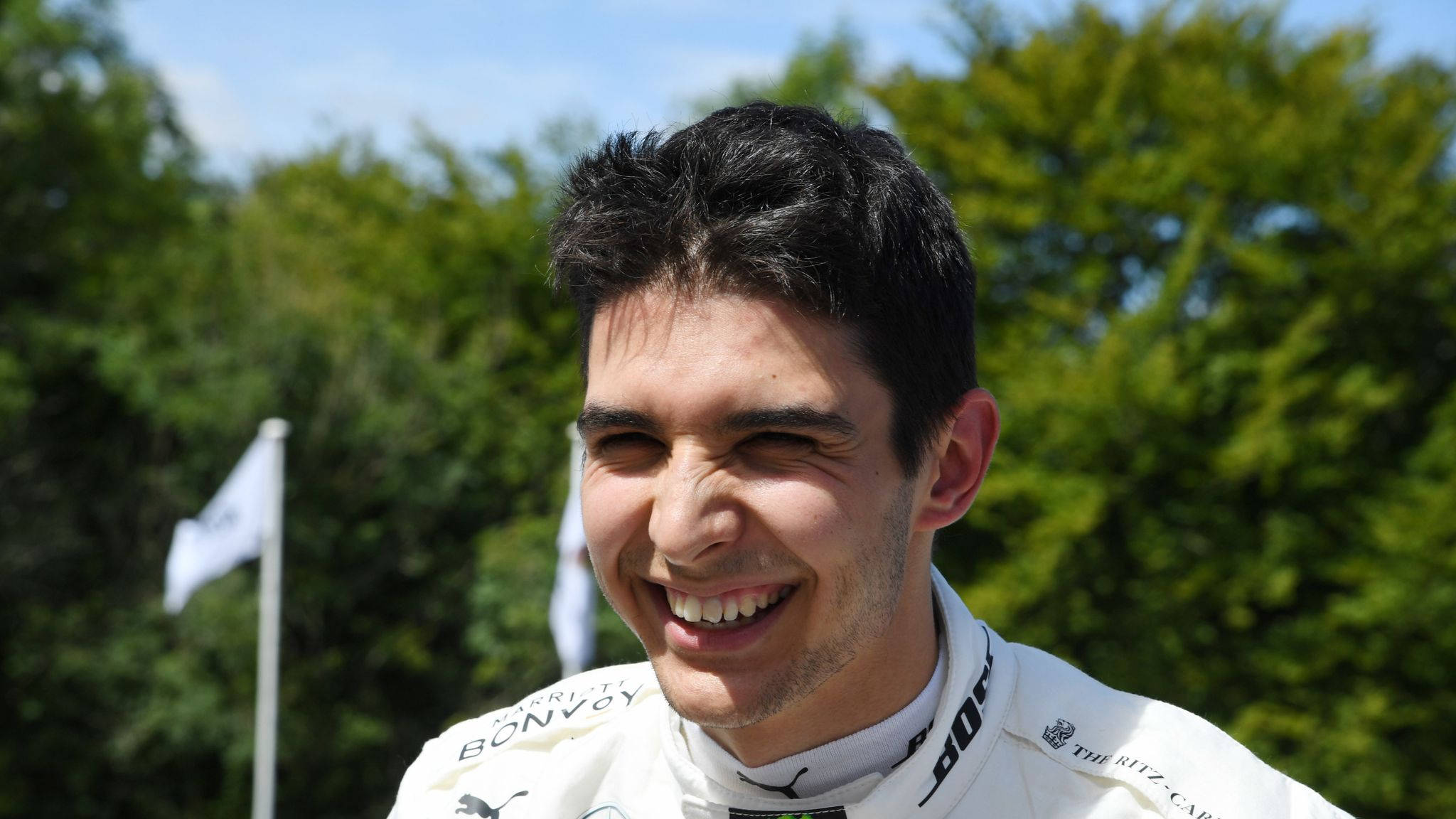 Esteban Ocon, white racing suit, green trees, Full HD Desktop Wallpaper