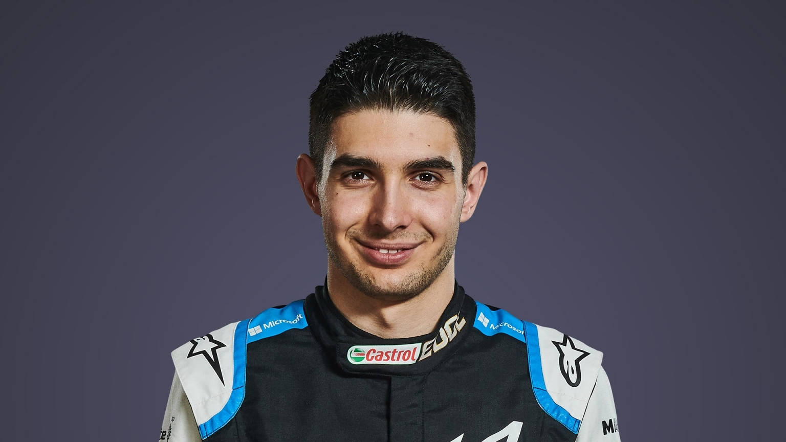 Esteban Ocon, racing suit, dark gray studio background, HD Desktop Wallpaper