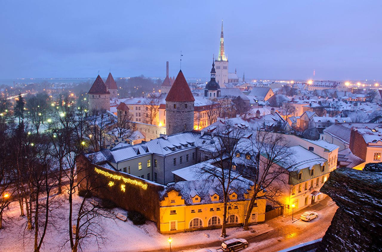 Estonia, winter snow, historic towers, HD Desktop Wallpaper