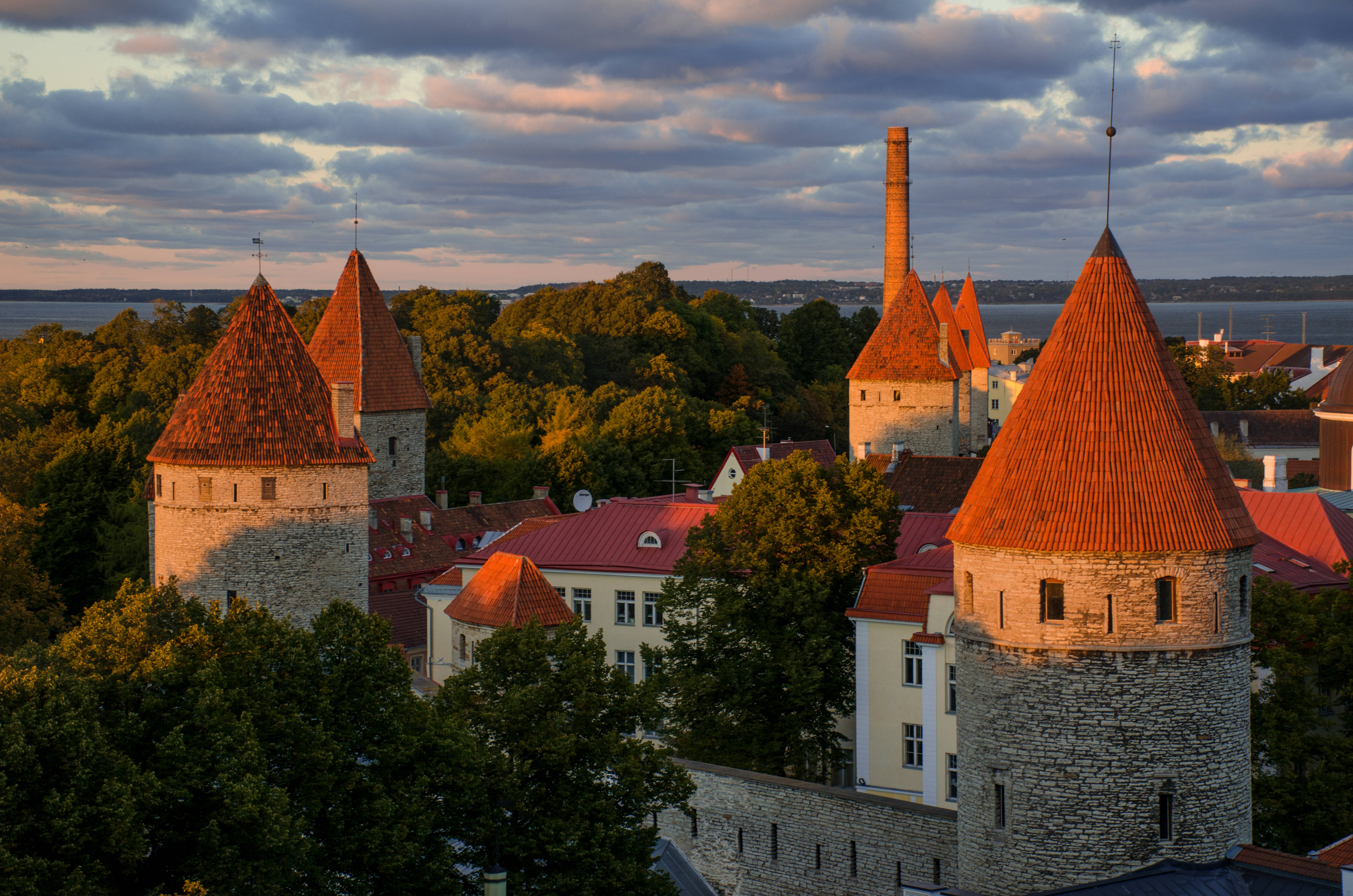 Estonia, sunset light, ancient stone towers, 4K Desktop Wallpaper
