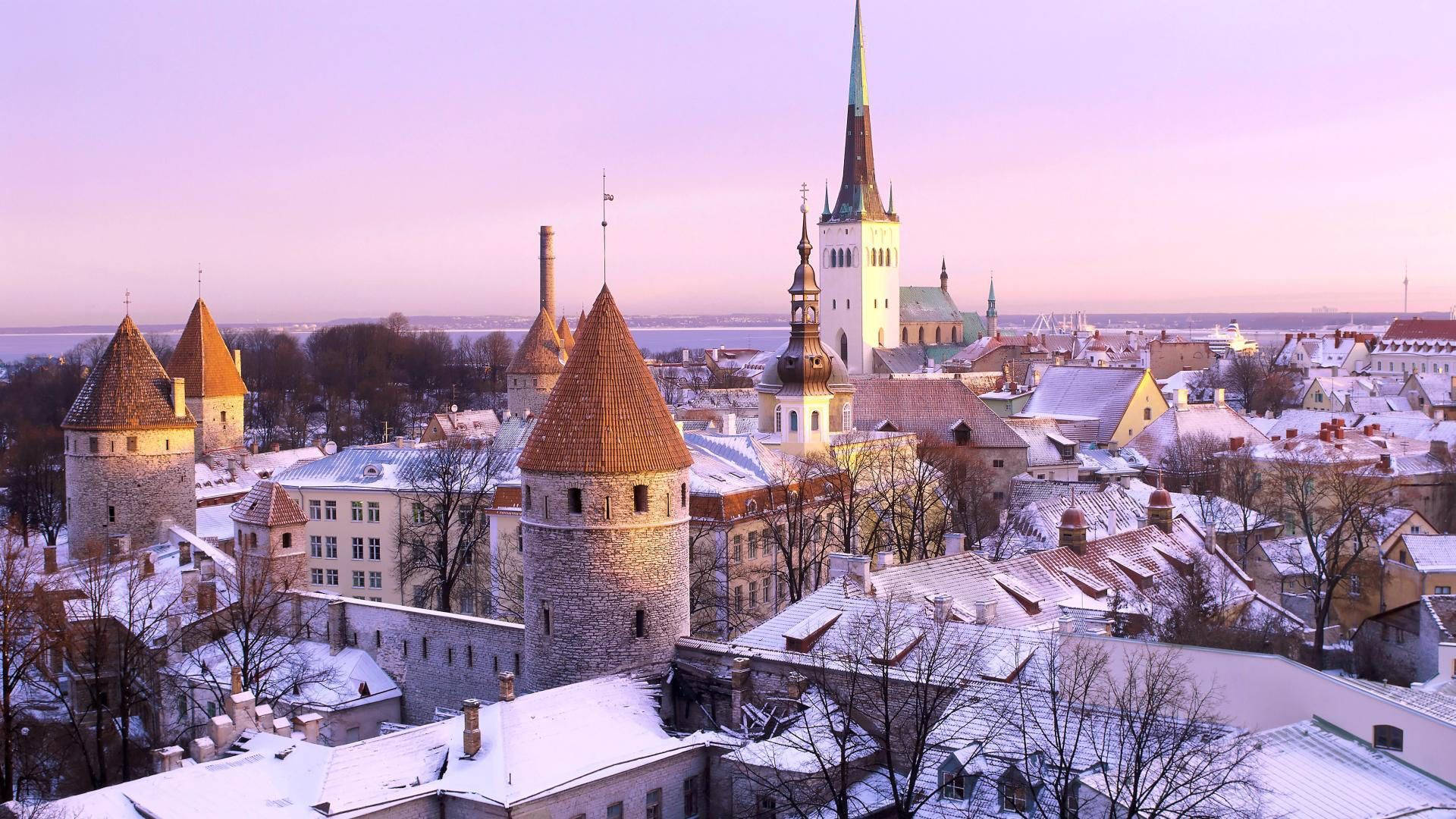 Estonia, winter snow, medieval city, Full HD Desktop Wallpaper