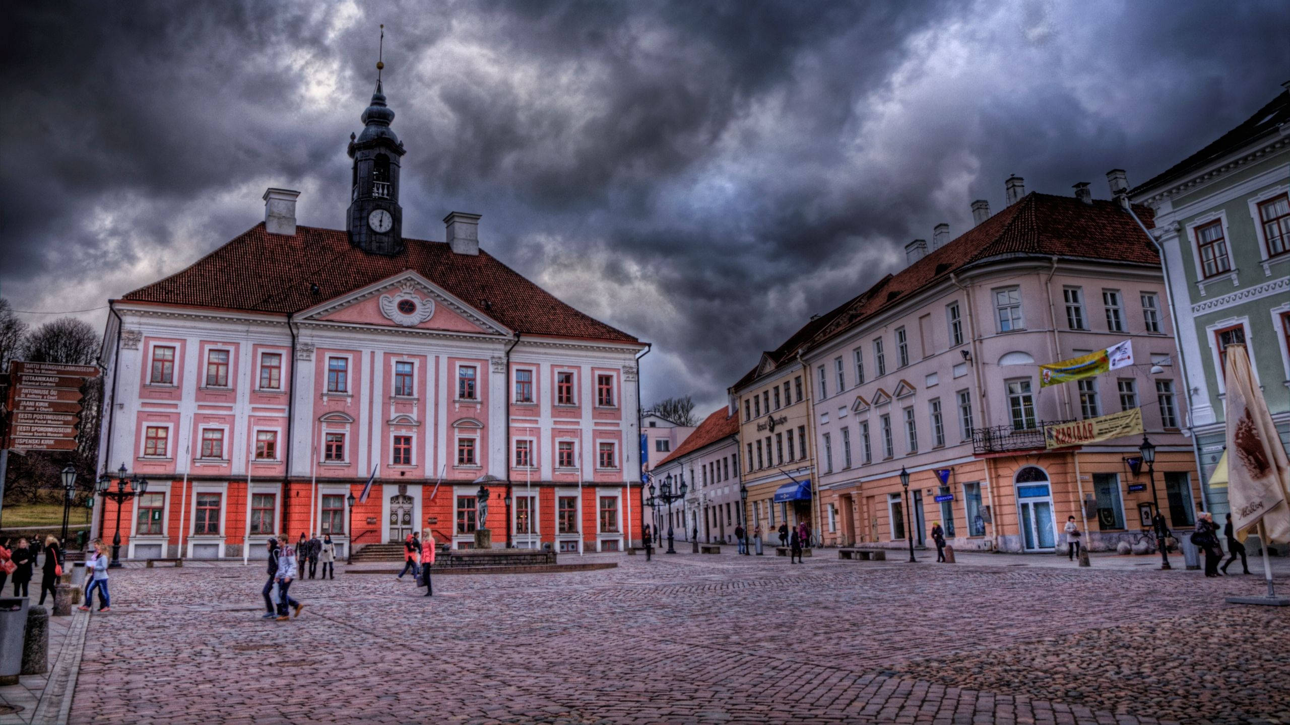Estonia, city government, pink and white building, 2K Desktop Wallpaper