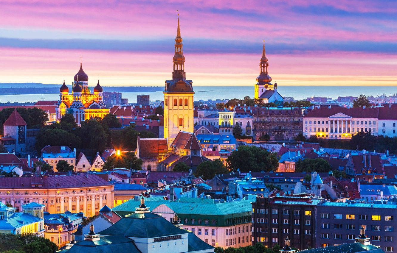 Estonia, magical city, twilight cityscape, HD Desktop Wallpaper