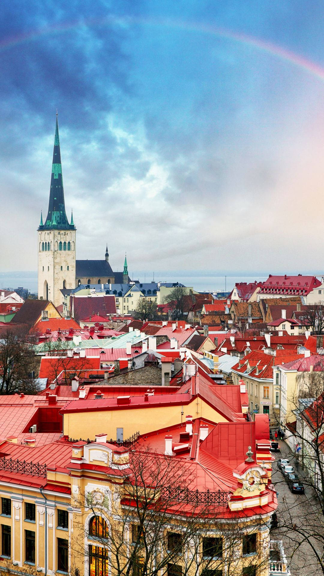 Estonia, red rooftops, historic church spire, Full HD Phone Wallpaper