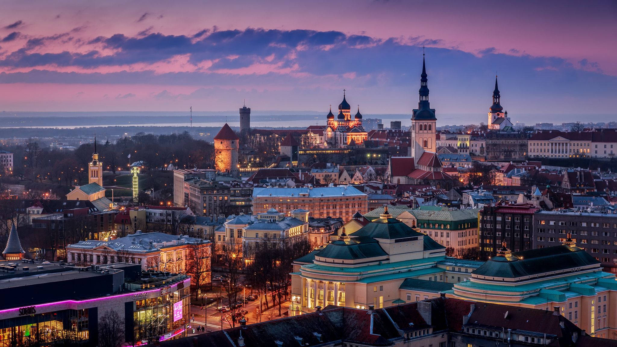 Estonia, colorful city lights, twilight view, Full HD Desktop Wallpaper