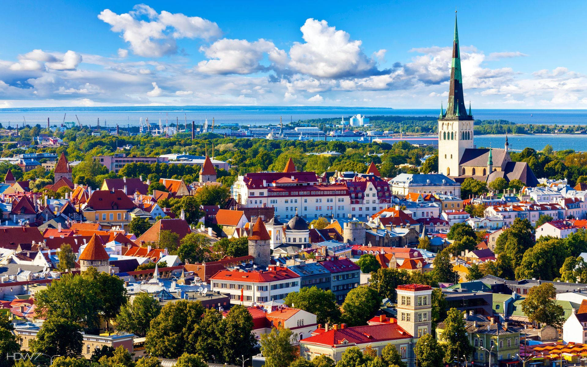 Estonia, historic European city, red-roofed buildings, Full HD Desktop Wallpaper