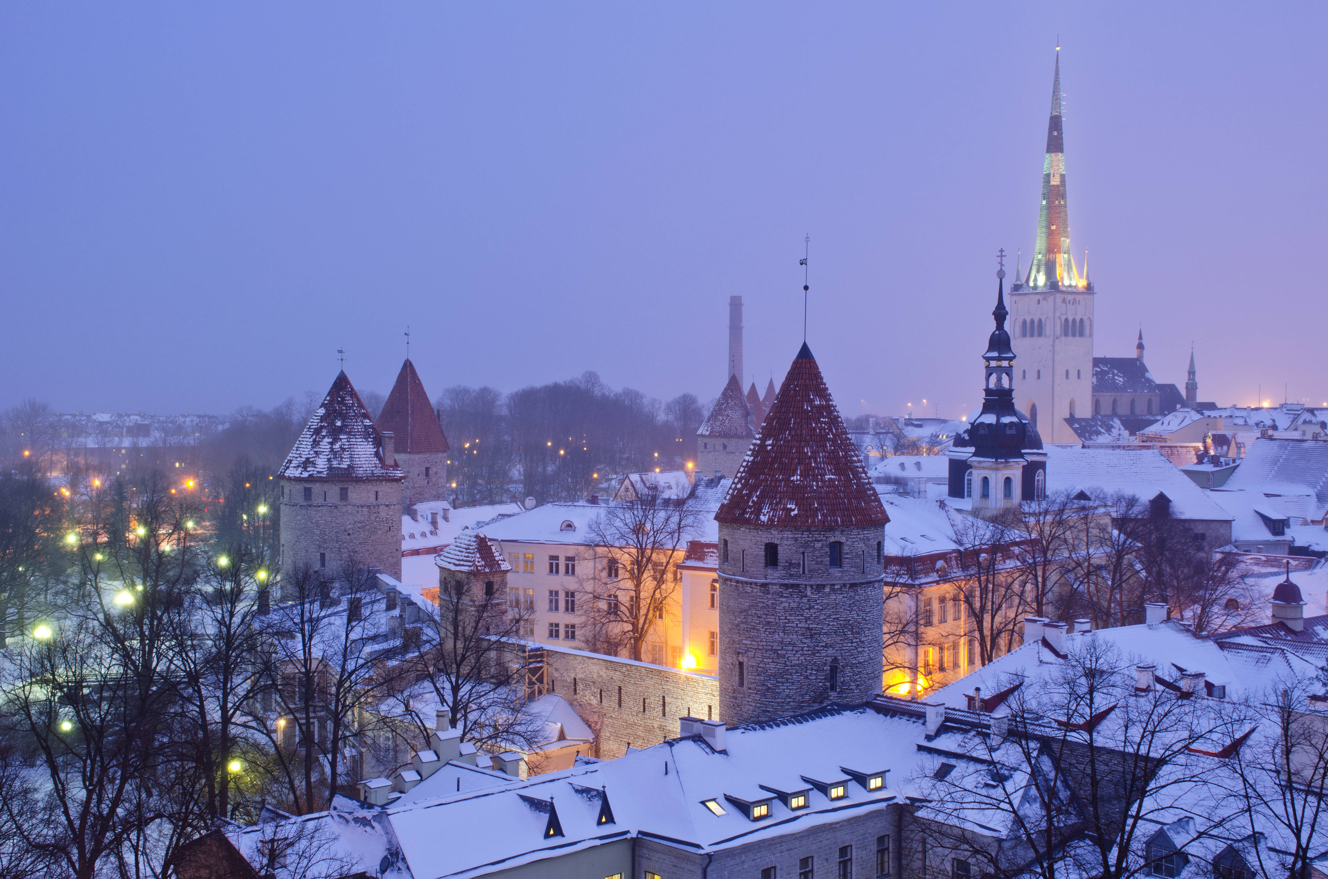 Estonia, snow, historic towers, 4K Desktop Wallpaper