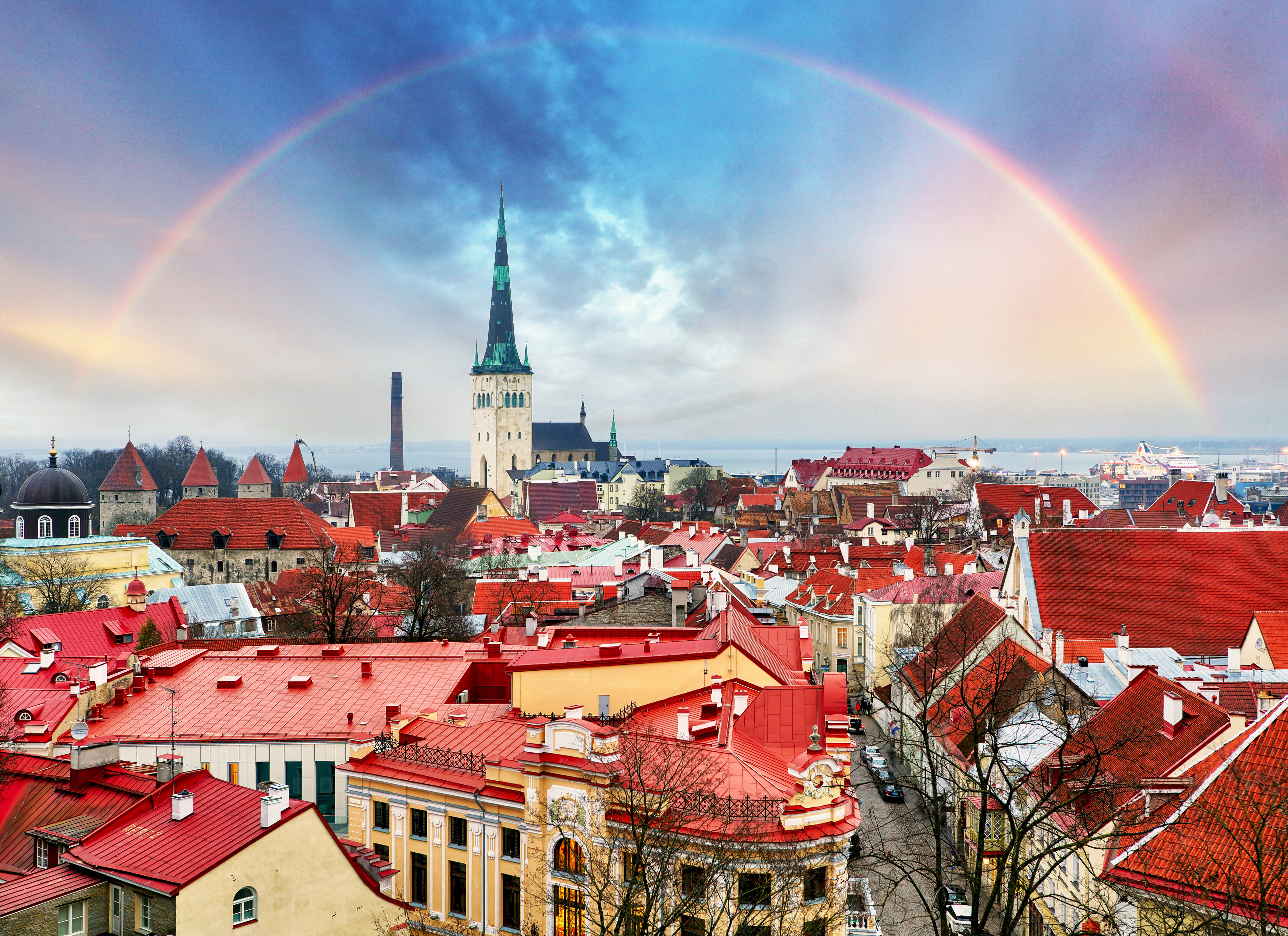 Estonia, double rainbow, historic cityscape, 5K Desktop Wallpaper
