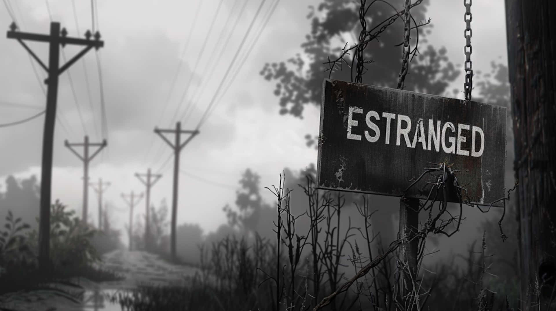 ESTRANGED, foggy landscape, weathered sign, Full HD Desktop Wallpaper