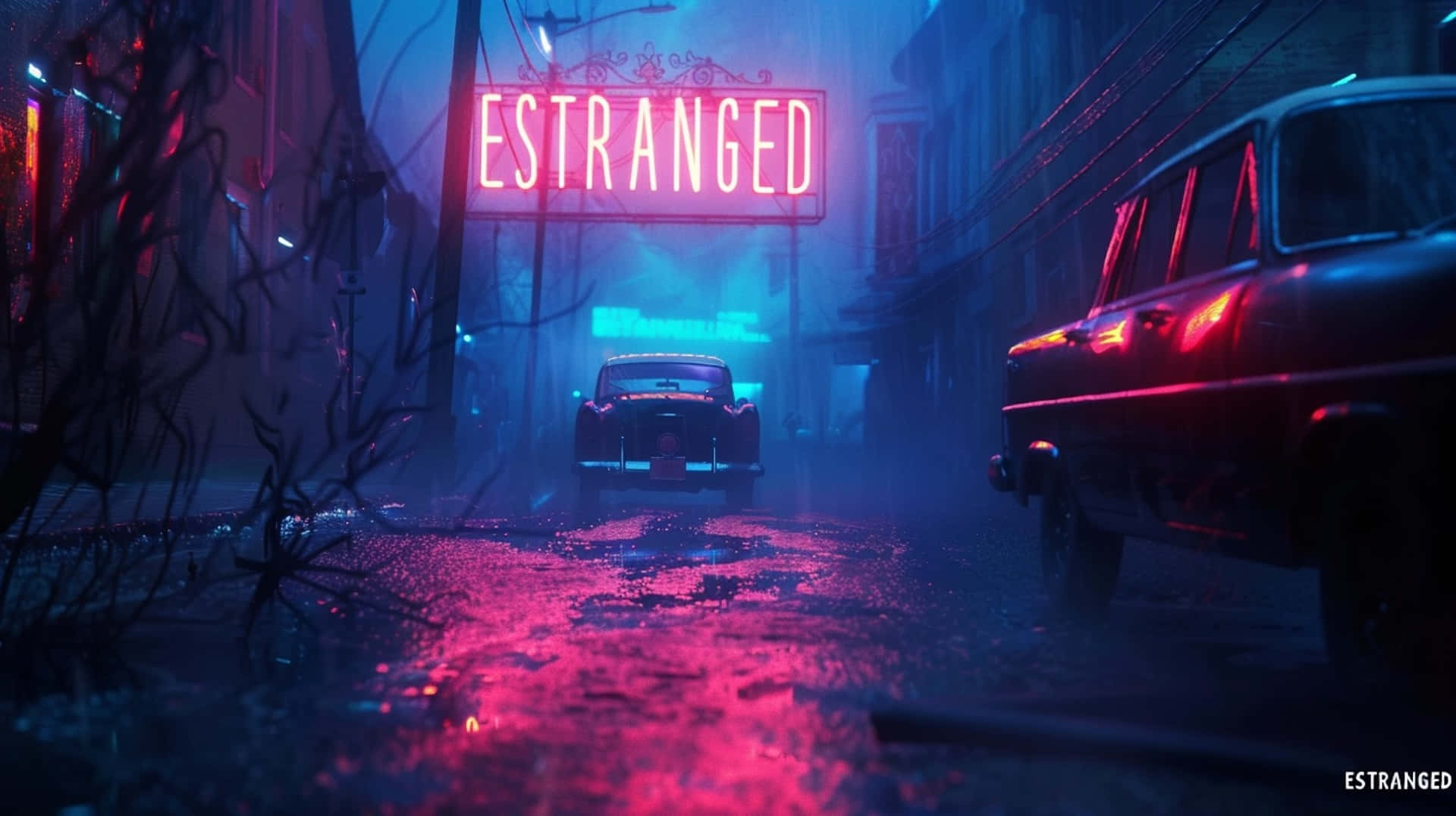 Estranged, neon-lit alleyway, vintage cars, Full HD Desktop Wallpaper