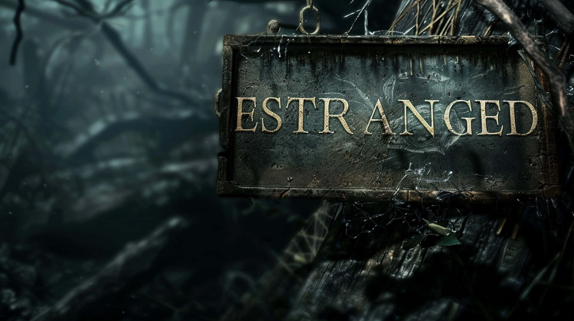 ESTRANGED, wooden sign, dark misty forest, Full HD Desktop Wallpaper