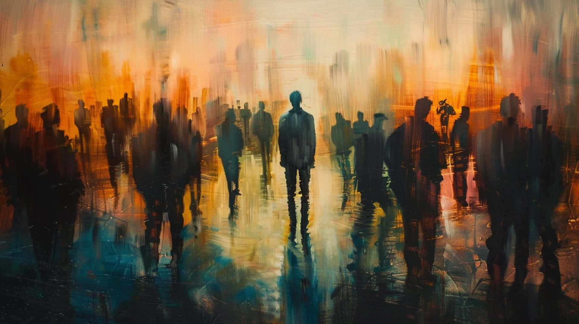 Estranged, solitudein crowd, reflective wet street, Full HD Desktop Wallpaper