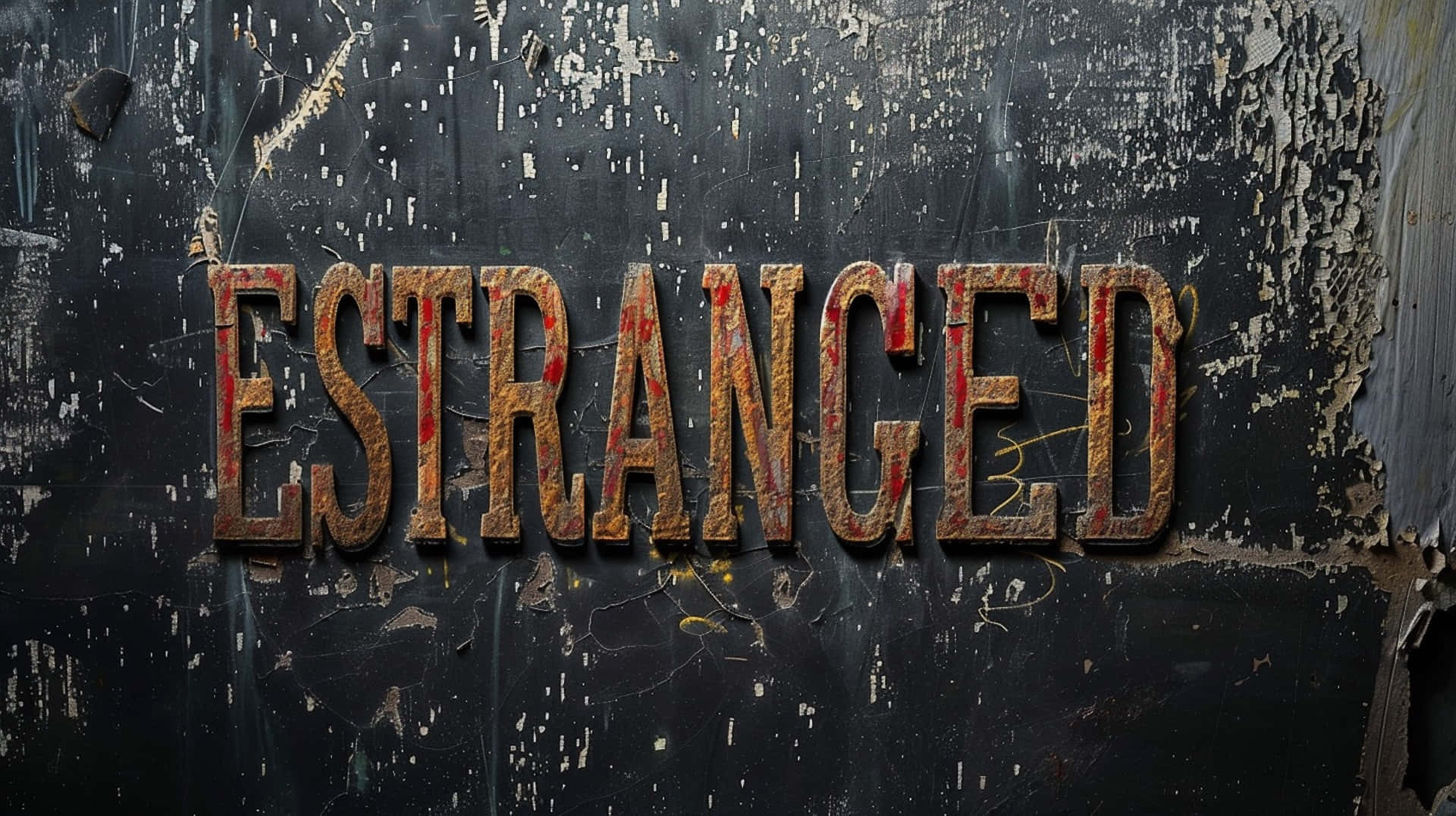 Estranged, rusty red letters, cracked black wall, Full HD Desktop Wallpaper
