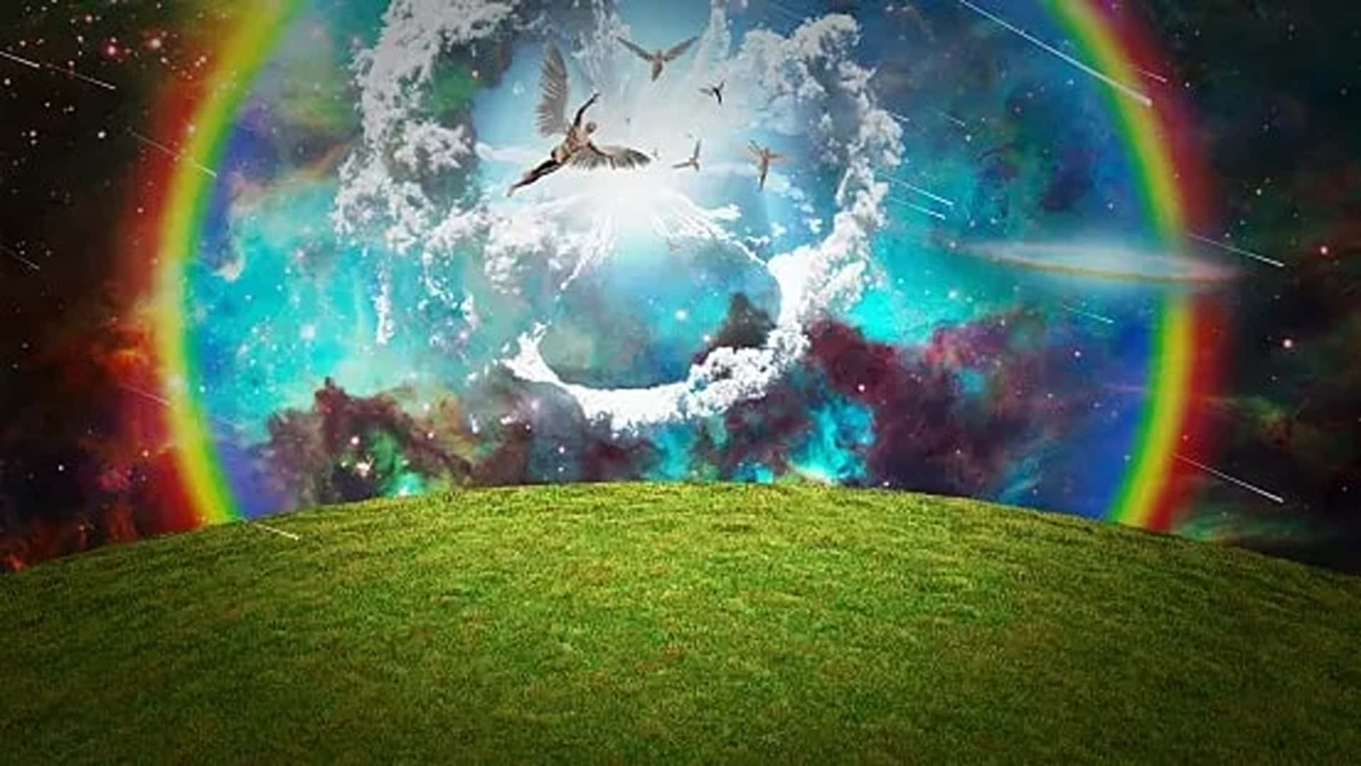 Eternal Life, rainbow, lush green hill, Full HD Desktop Wallpaper