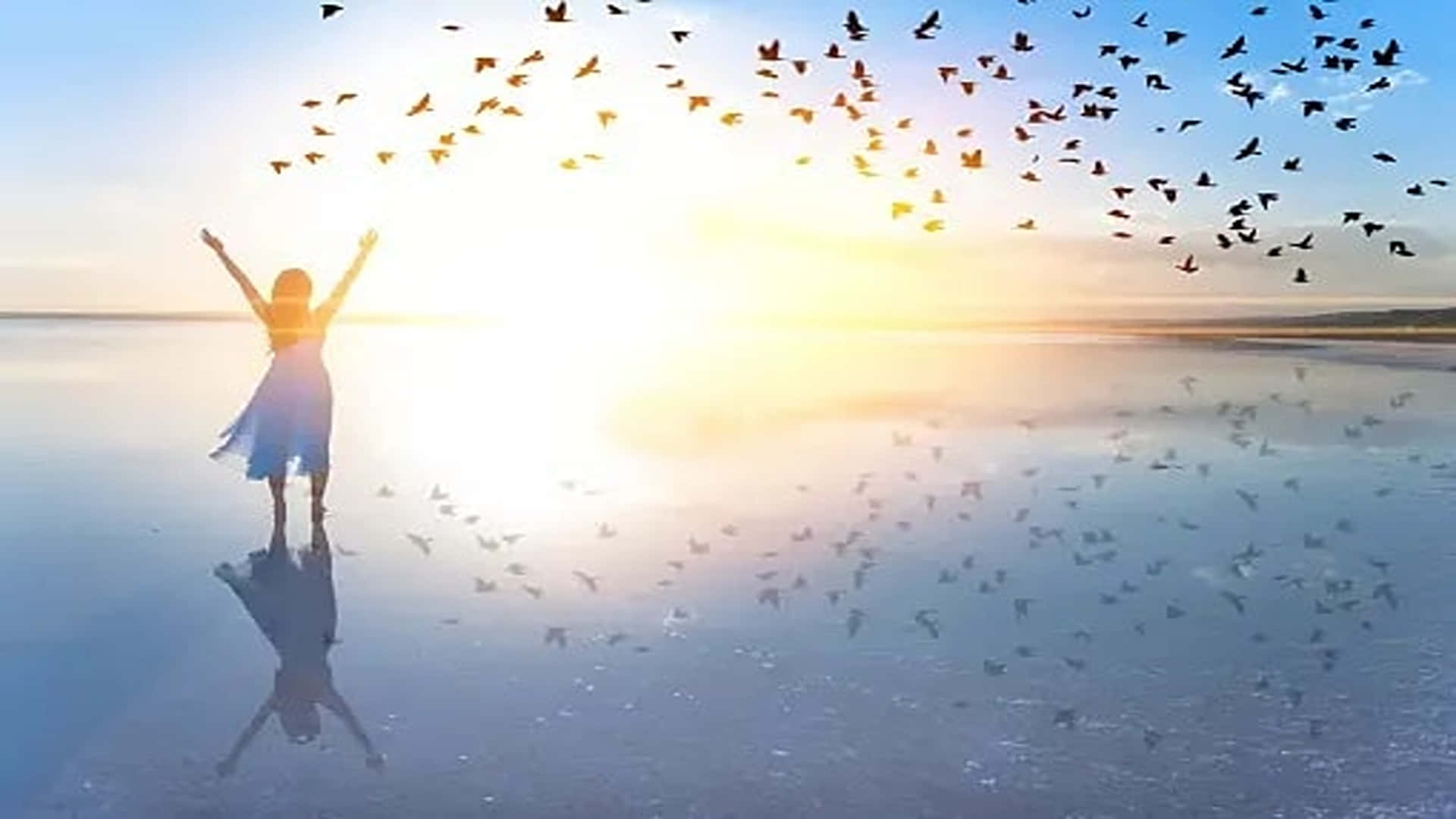 Eternal Life, reflective beach, golden sunset, Full HD Desktop Wallpaper