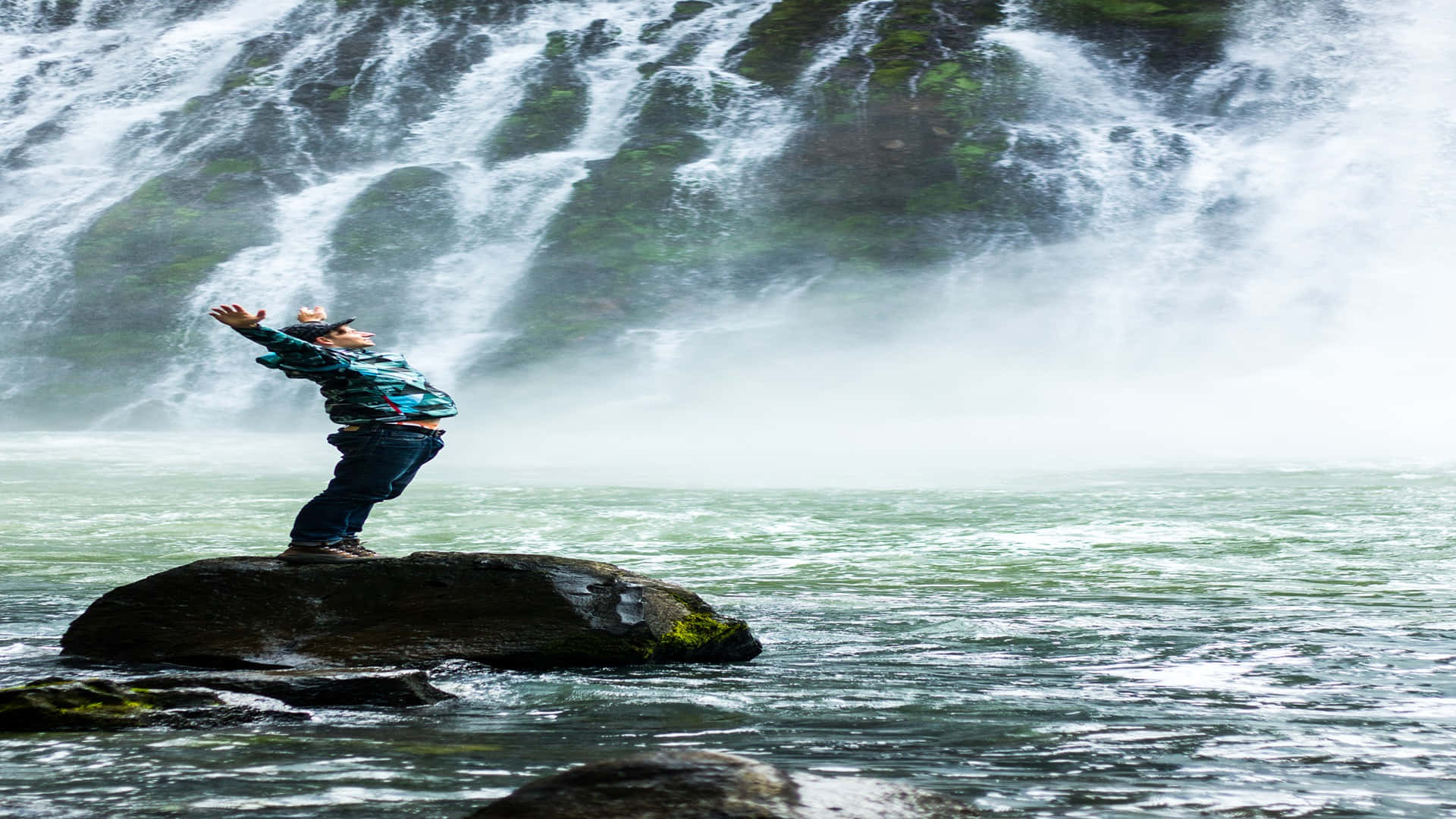 Eternal Life, mossy rock, roaring waterfall, Full HD Desktop Wallpaper