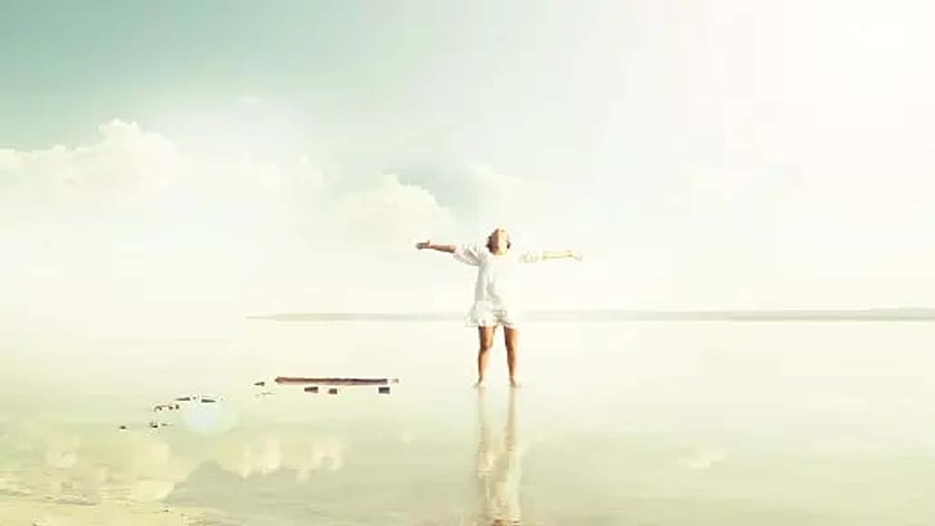 Eternal Life, white dress, misty beach, Full HD Desktop Wallpaper