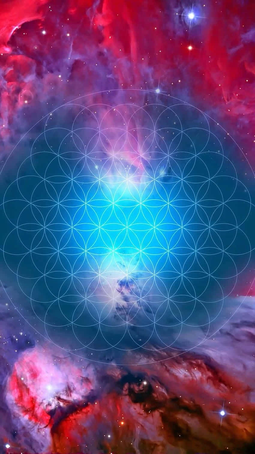 flower of life, glowing blue, vibrant red and purple cosmic nebula, HD Phone Wallpaper