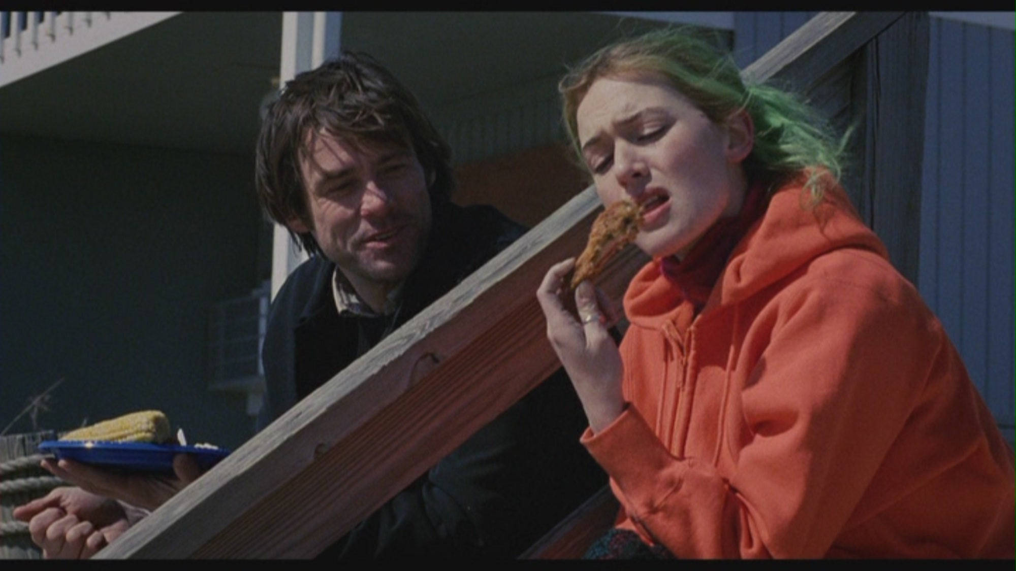 Eternal Sunshine of the Spotless Mind, fried chicken scene, orange hoodie, Full HD Desktop Wallpaper