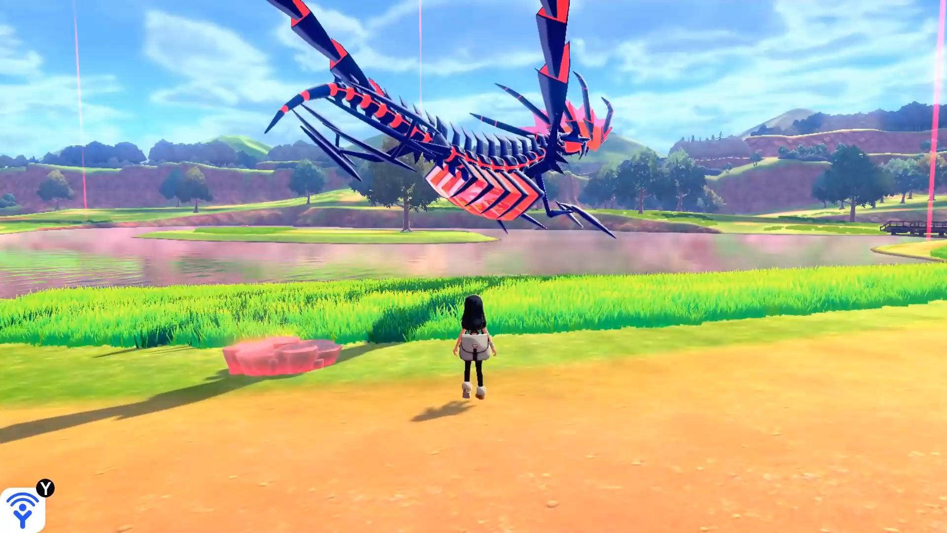 Eternatus, blue and red dragon-like Pokémon, vibrant field, Full HD Desktop Wallpaper
