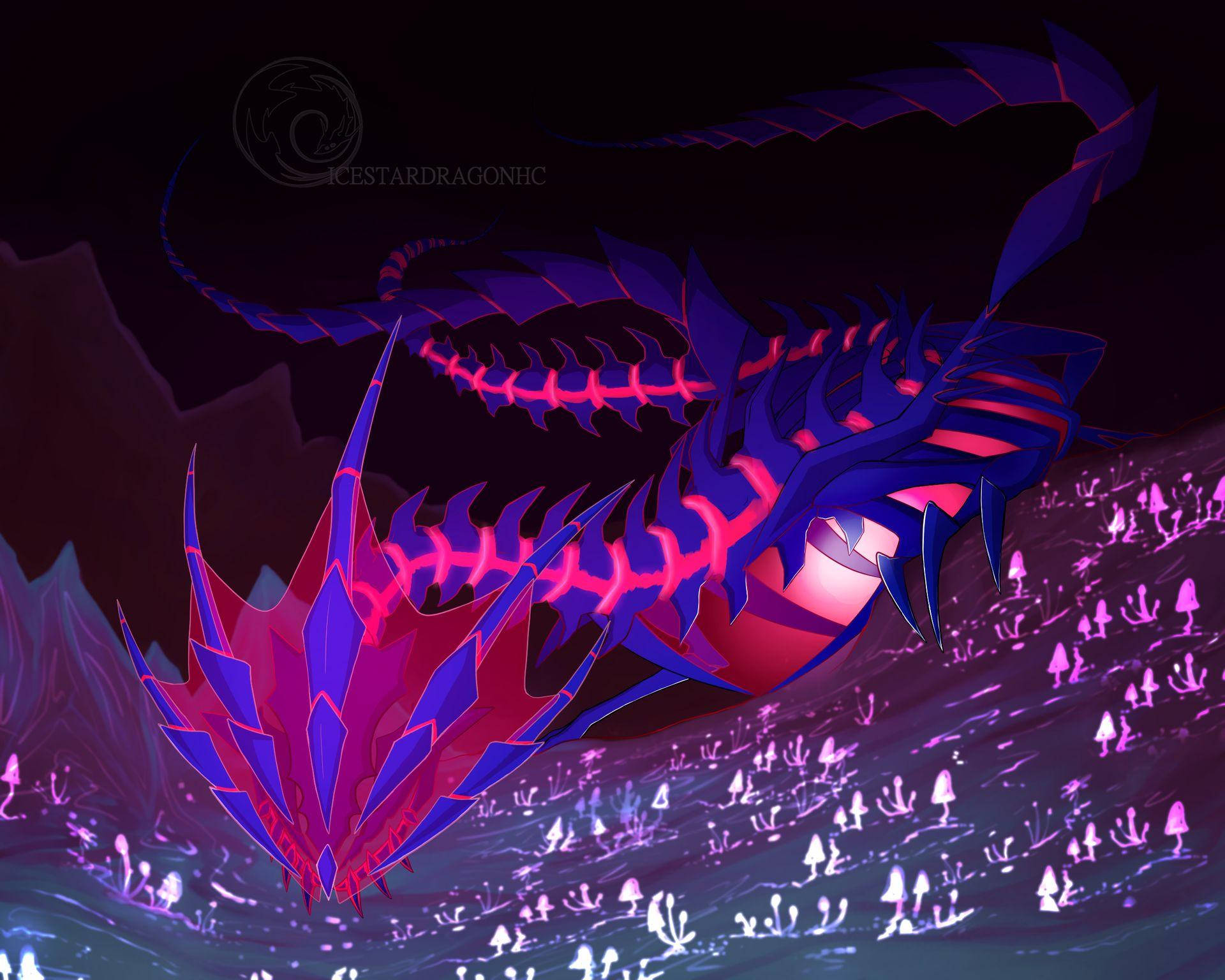 Eternatus, glowing pink spine, bioluminescent mushrooms, Full HD Desktop Wallpaper