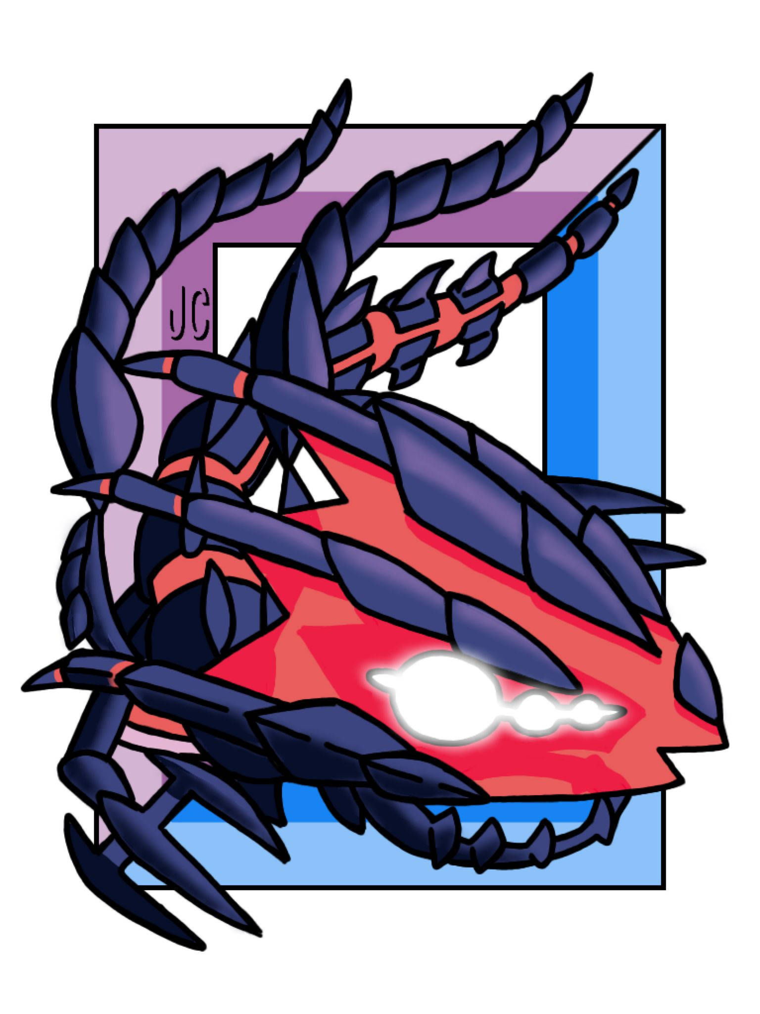 Cartoon Eternatus, dark blue and red scorpion, glowing white eyes, Full HD Phone Wallpaper