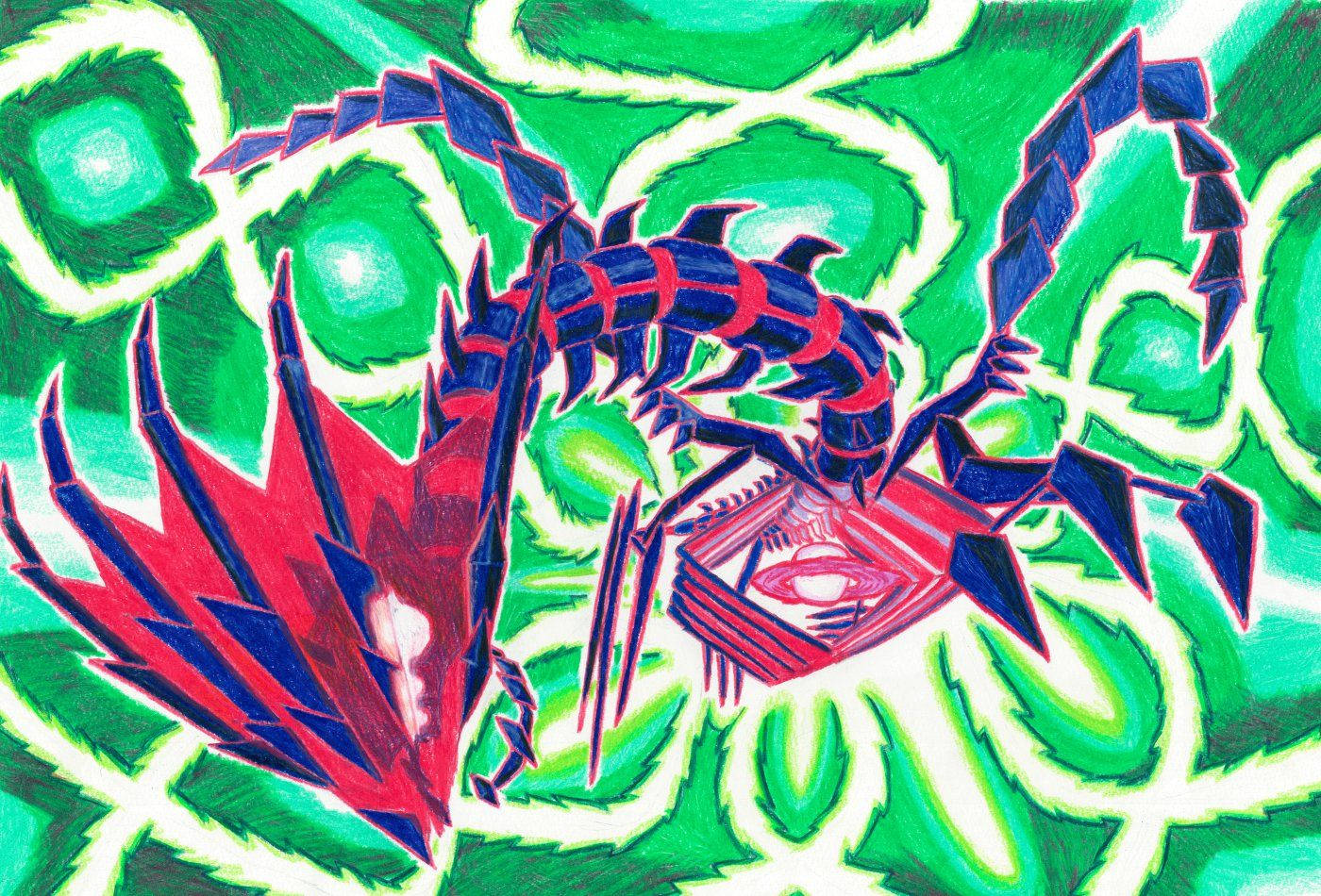 Eternatus, red and blue scorpion, glowing green eyes, HD Desktop Wallpaper