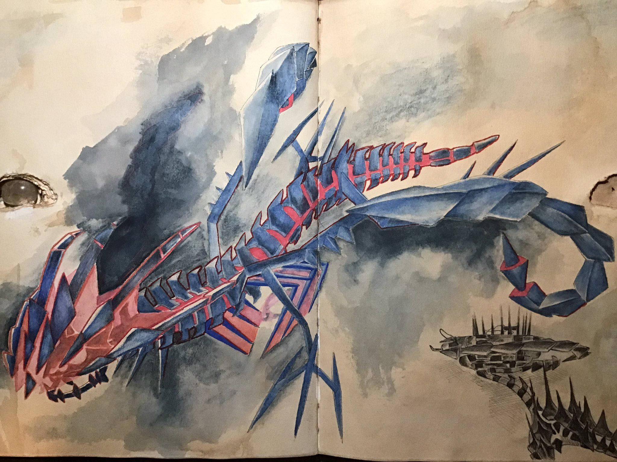 Eternatus, watercolor illustration, blue and red scorpion, Full HD Desktop Wallpaper