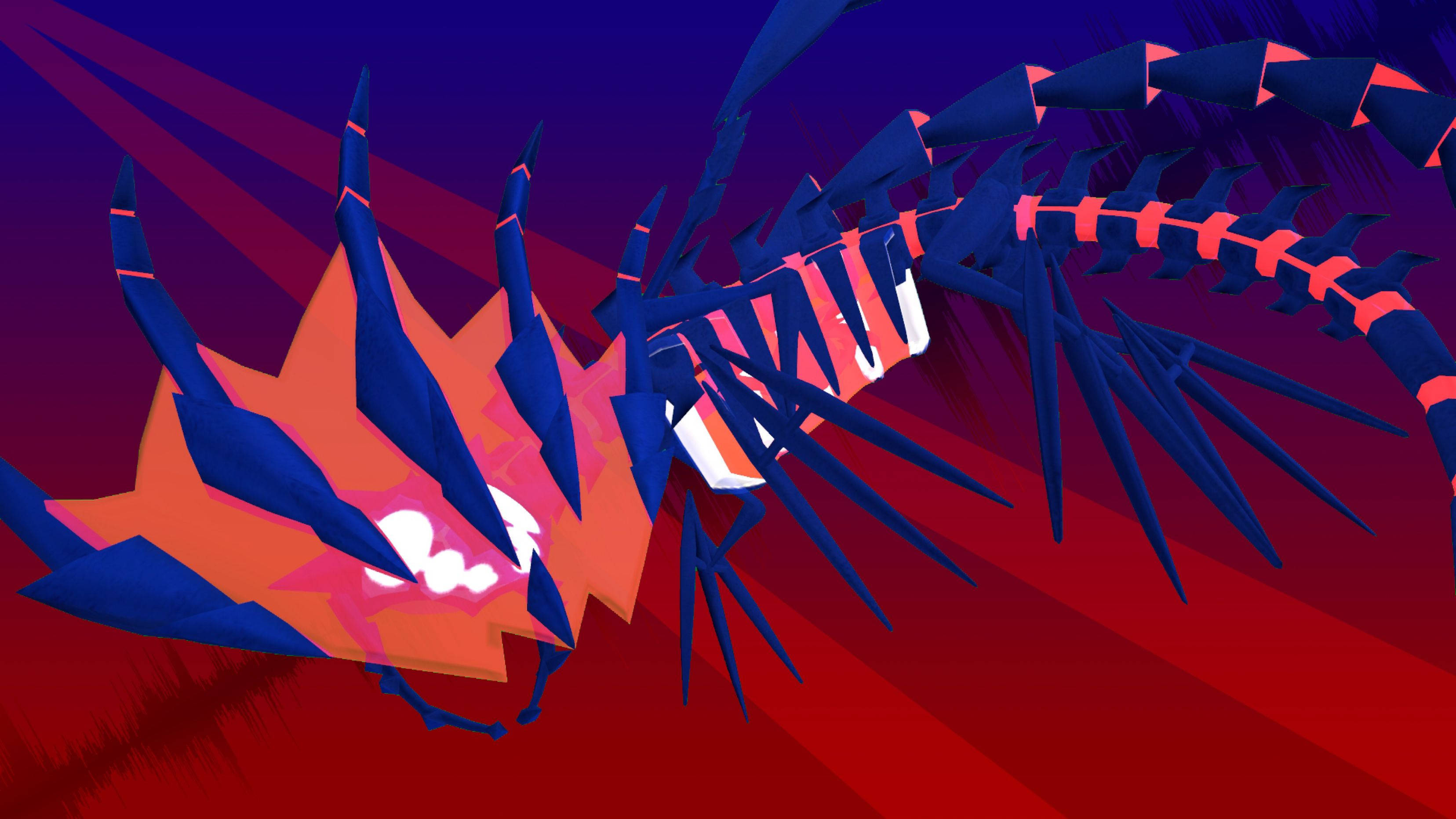 Eternatus, blue and orange, glowing white eyes, 2K Desktop Wallpaper