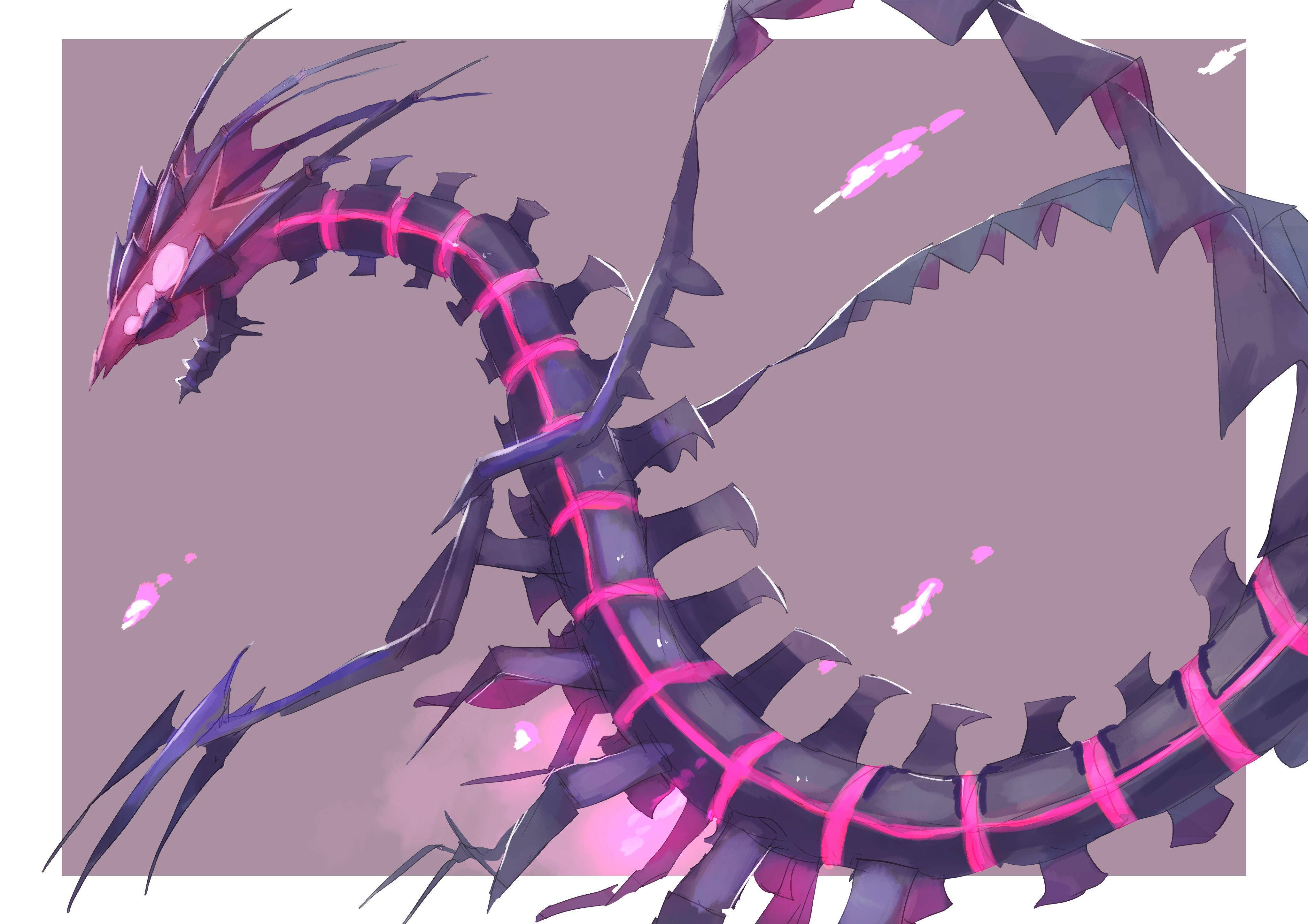 Eternatus, glowing pink lights, dark purple dragon, 4K Desktop Wallpaper