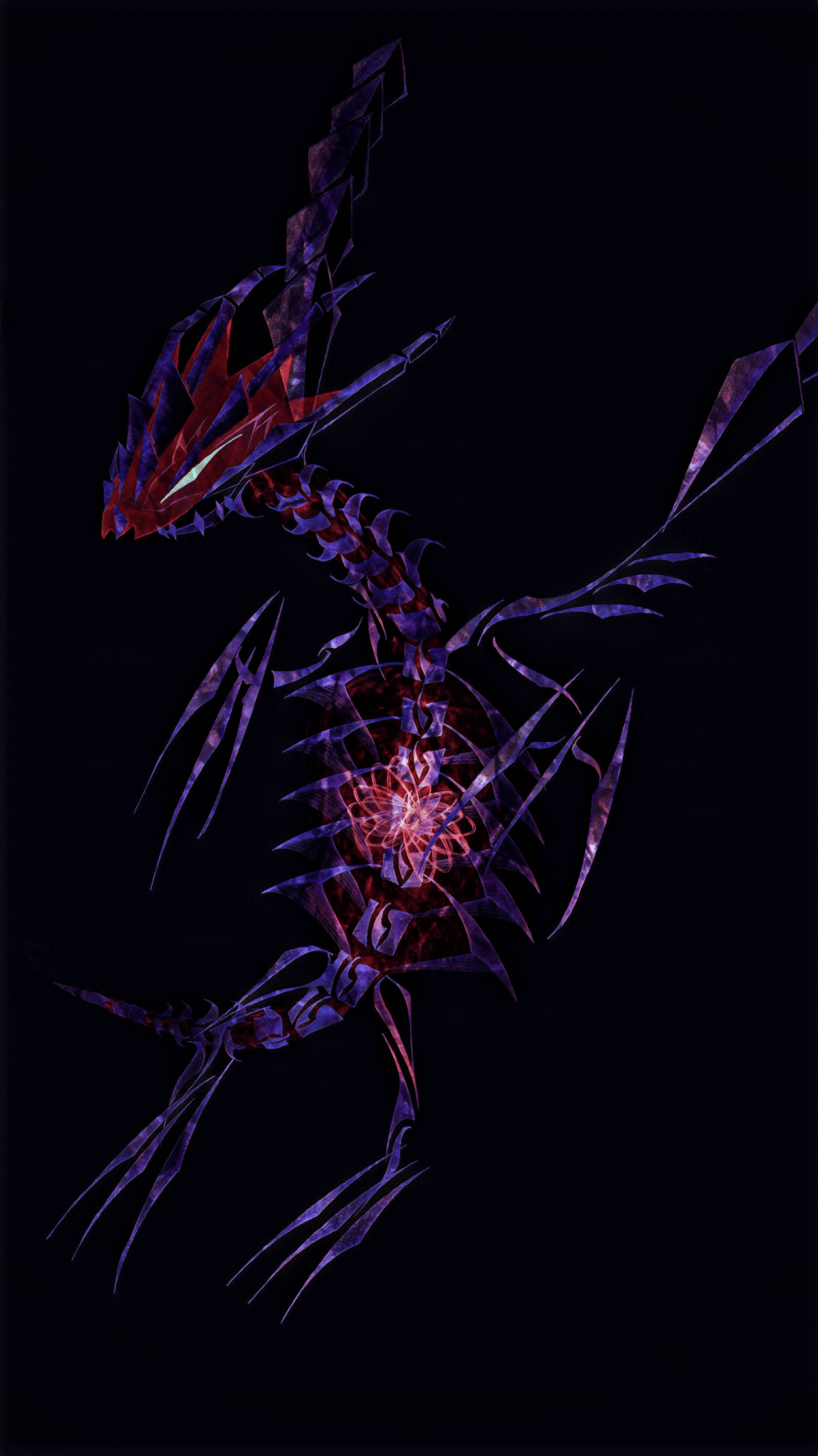 Dark Eternatus, glowing purple and red crystalline dragon skeleton, black void, 4K Phone Wallpaper