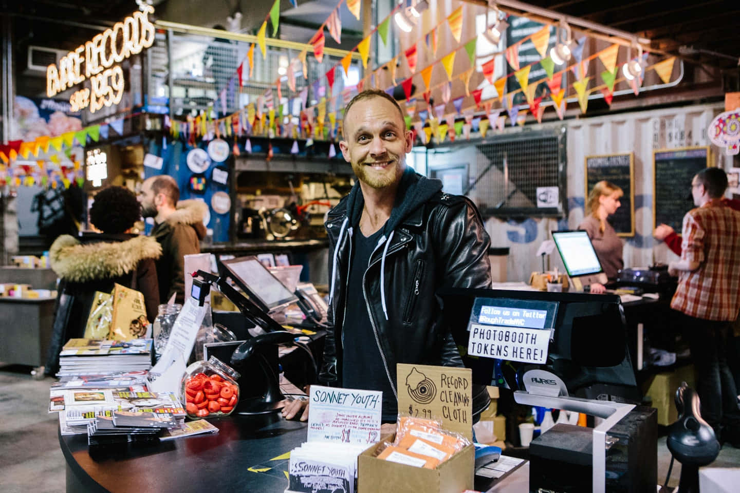 Ethan Embry, black leather jacket, record store counter, HD Desktop Wallpaper