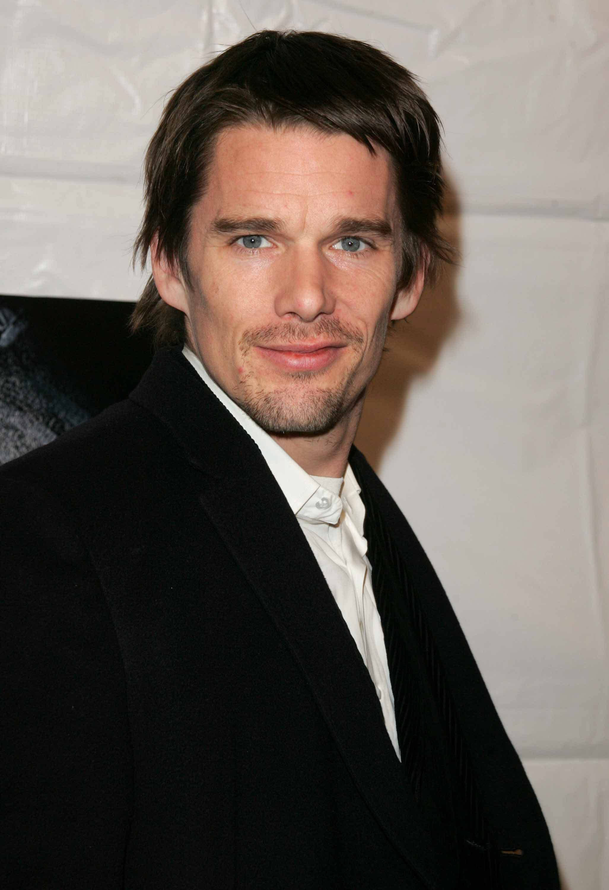 Ethan Hawke, black suit, white shirt, 2K Phone Wallpaper