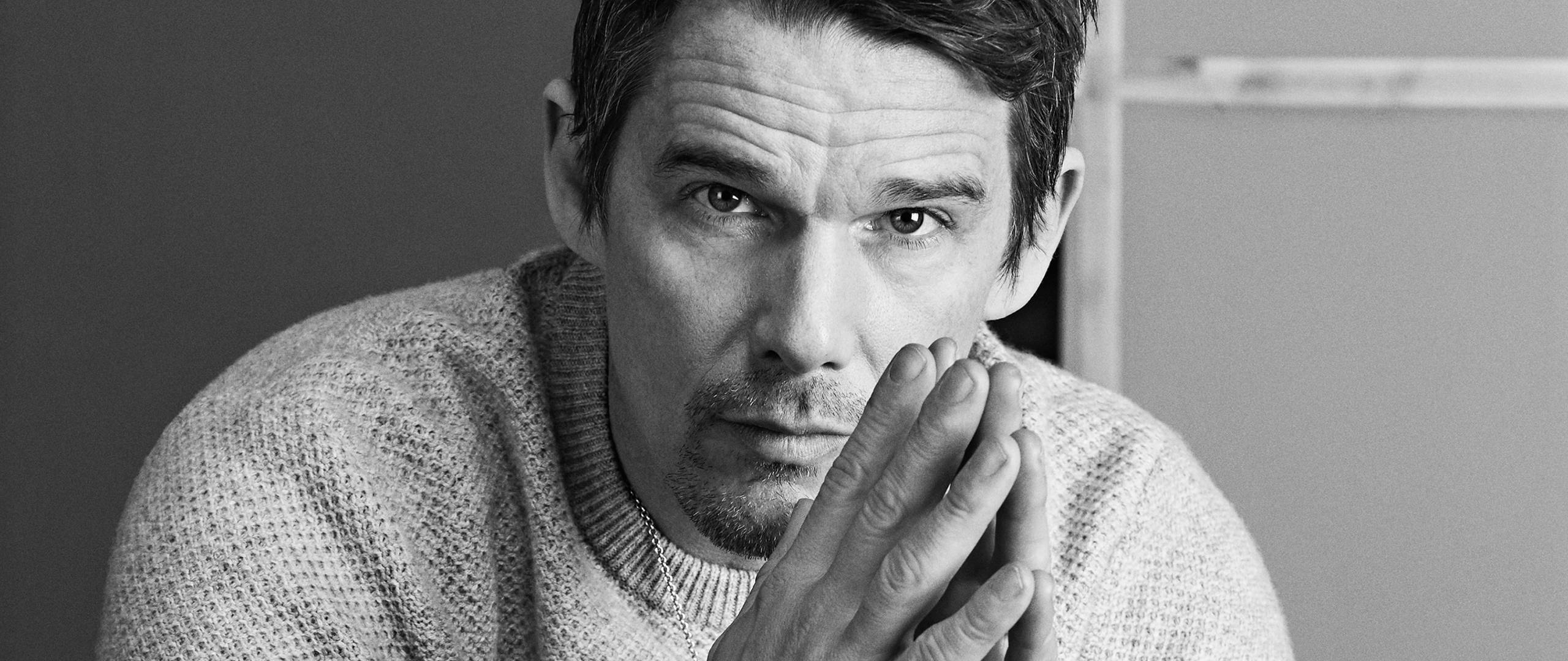 Ethan Hawke, textured sweater, stark black and white portrait, 2K Desktop Wallpaper