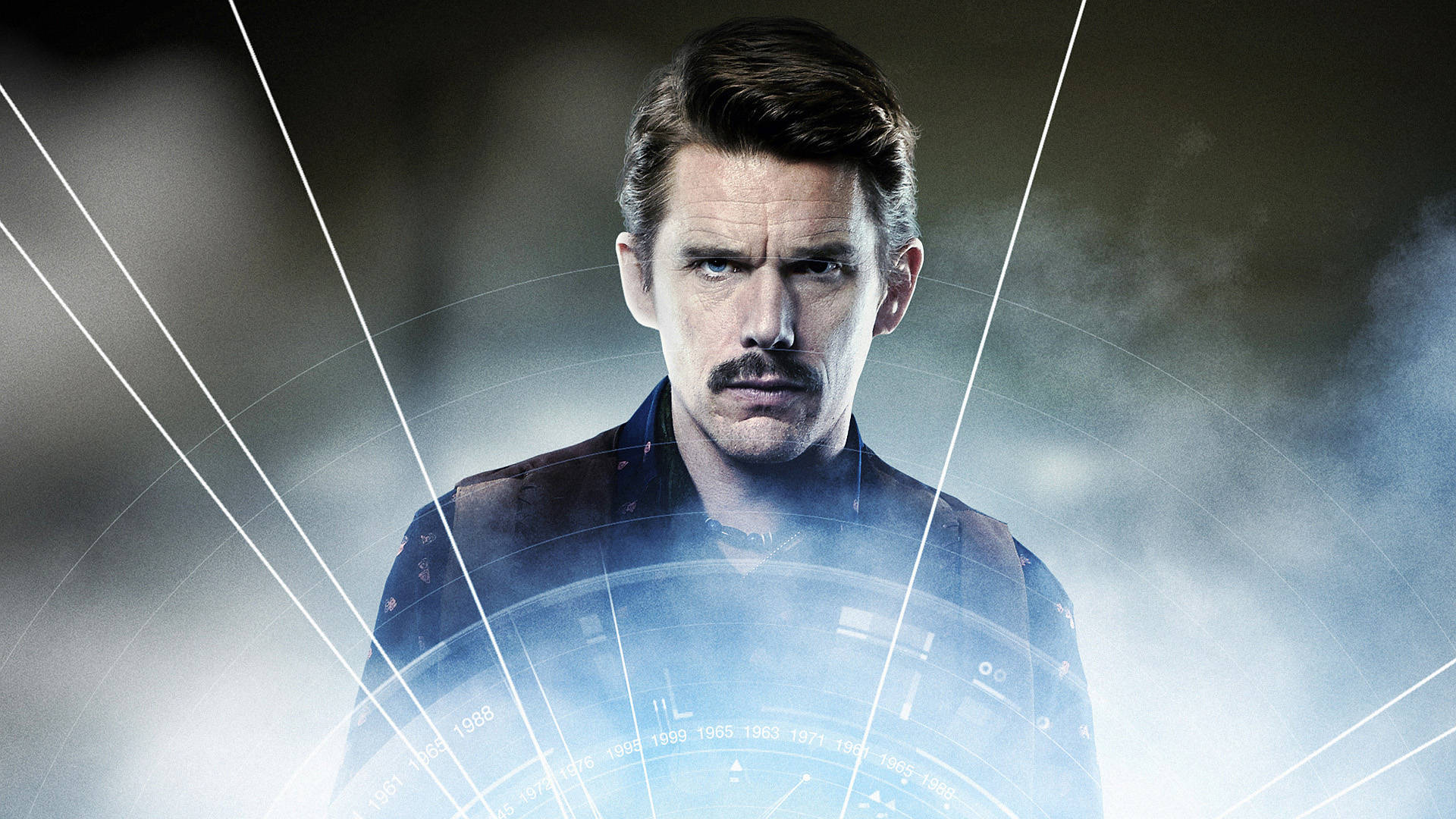 Ethan Hawke, glowing futuristic holographic interfaces, smoky dim environment, Full HD Desktop Wallpaper
