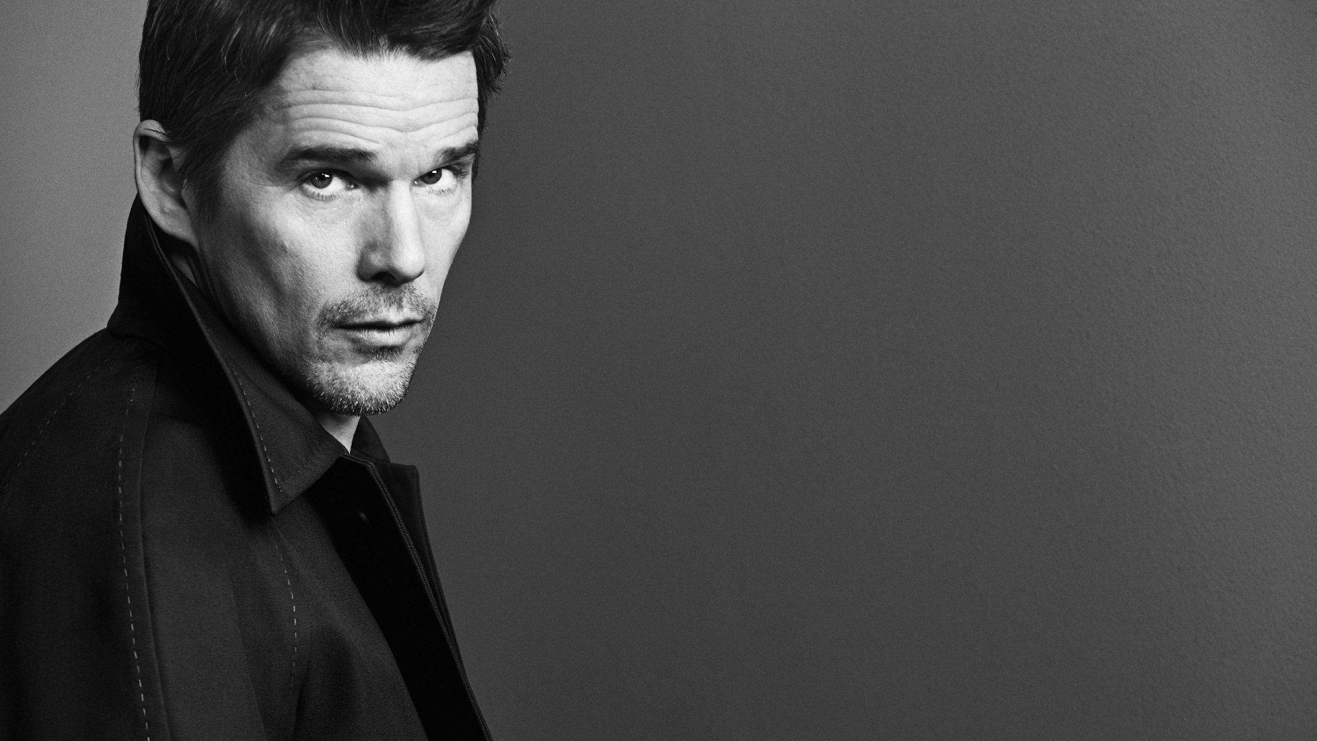 Ethan Hawke, black and white portrait, dark coat, Full HD Desktop Wallpaper