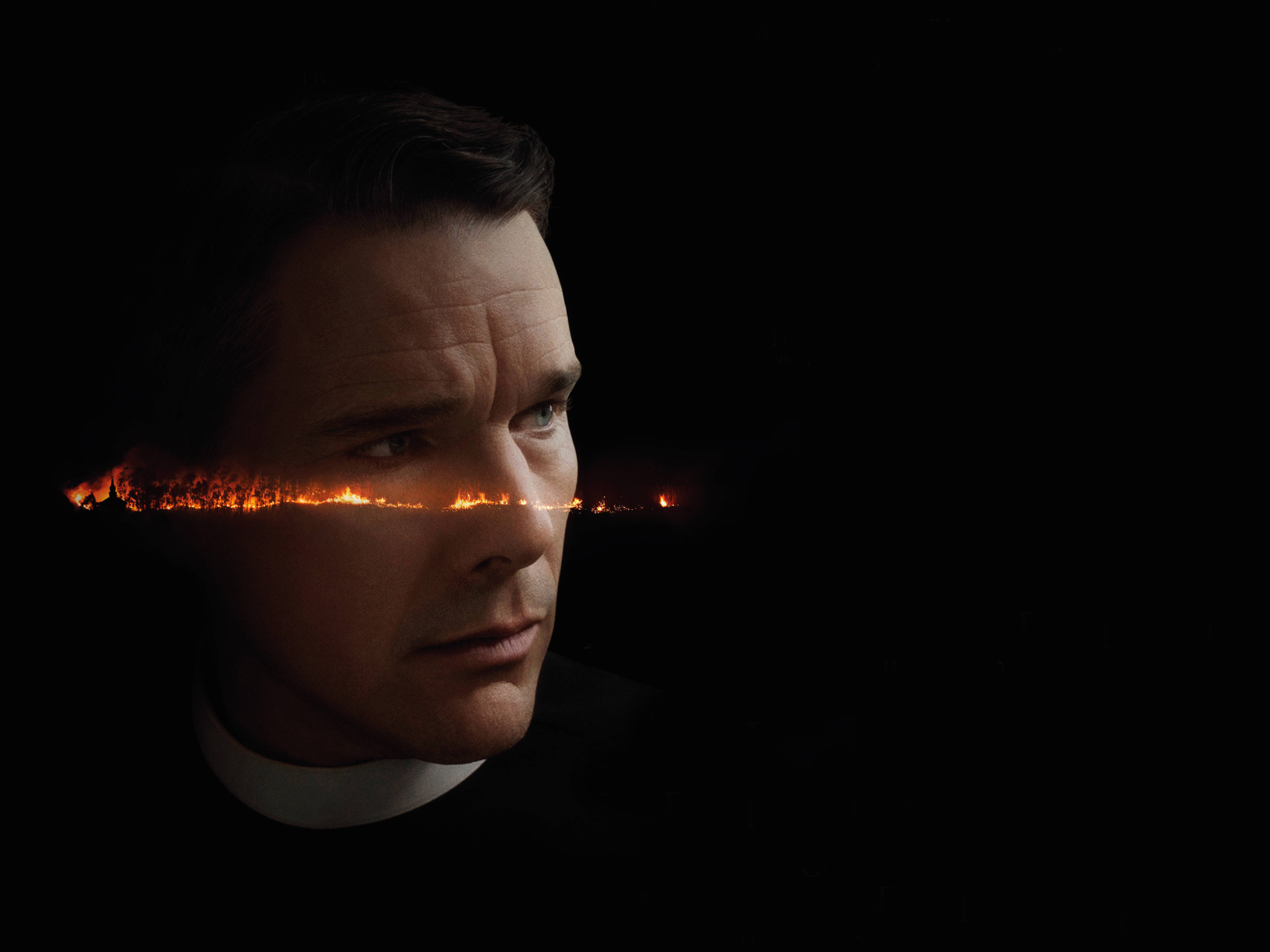 Ethan Hawke, clerical collar, fiery horizon, 5K Desktop Wallpaper