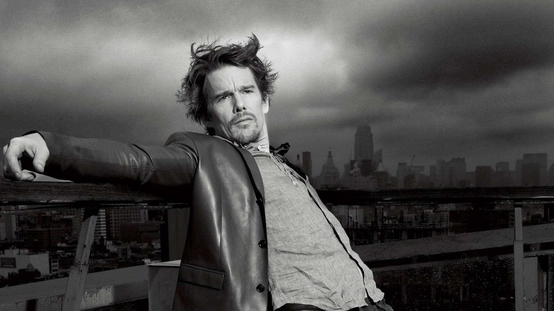 Ethan Hawke, leather jacket, rooftop railing, Full HD Desktop Wallpaper