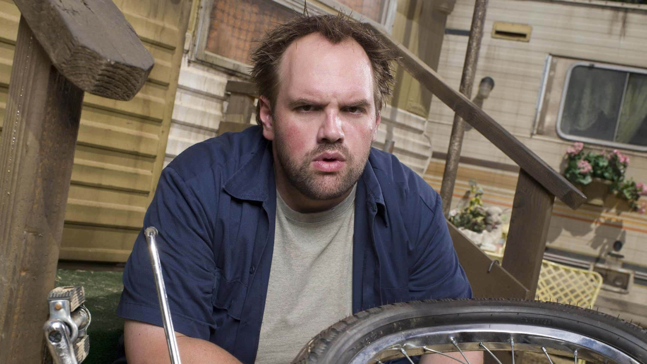 Ethan Suplee, motorcycle wheel, wrench, Full HD Desktop Wallpaper