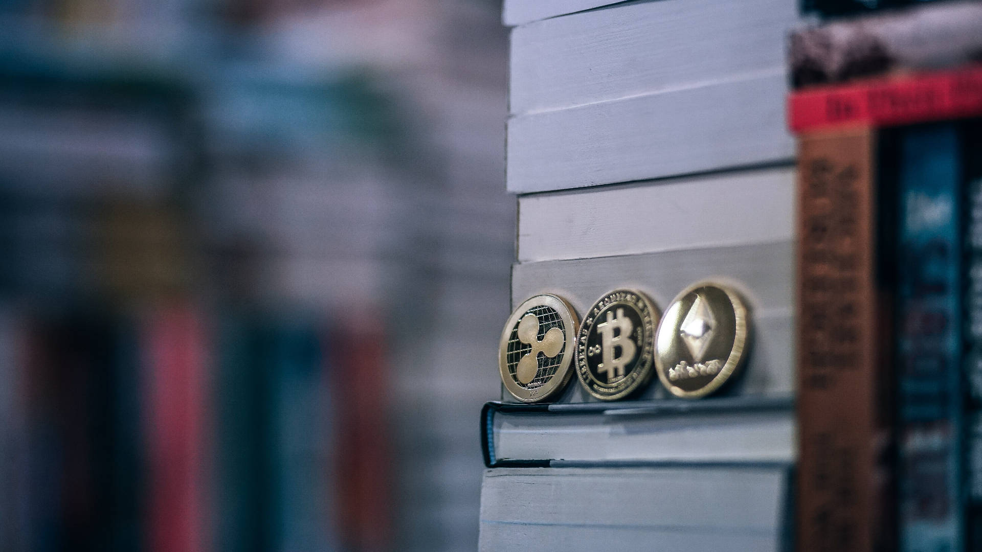 Ethereum, gold cryptocurrency coins, stack of books, Full HD Desktop Wallpaper