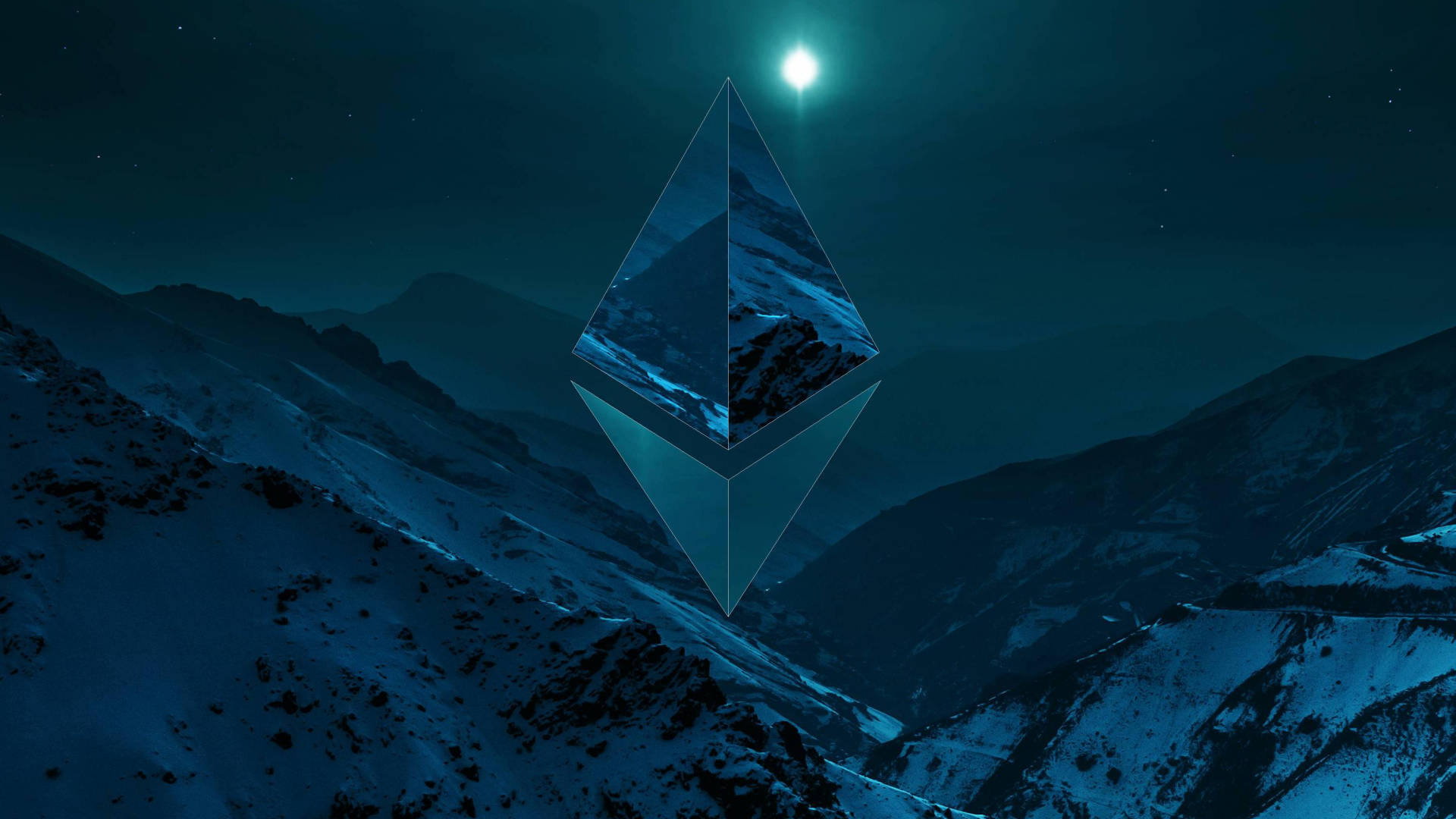 Ethereum, glowing blue Ethereum logo, snow-covered mountain range, Full HD Desktop Wallpaper