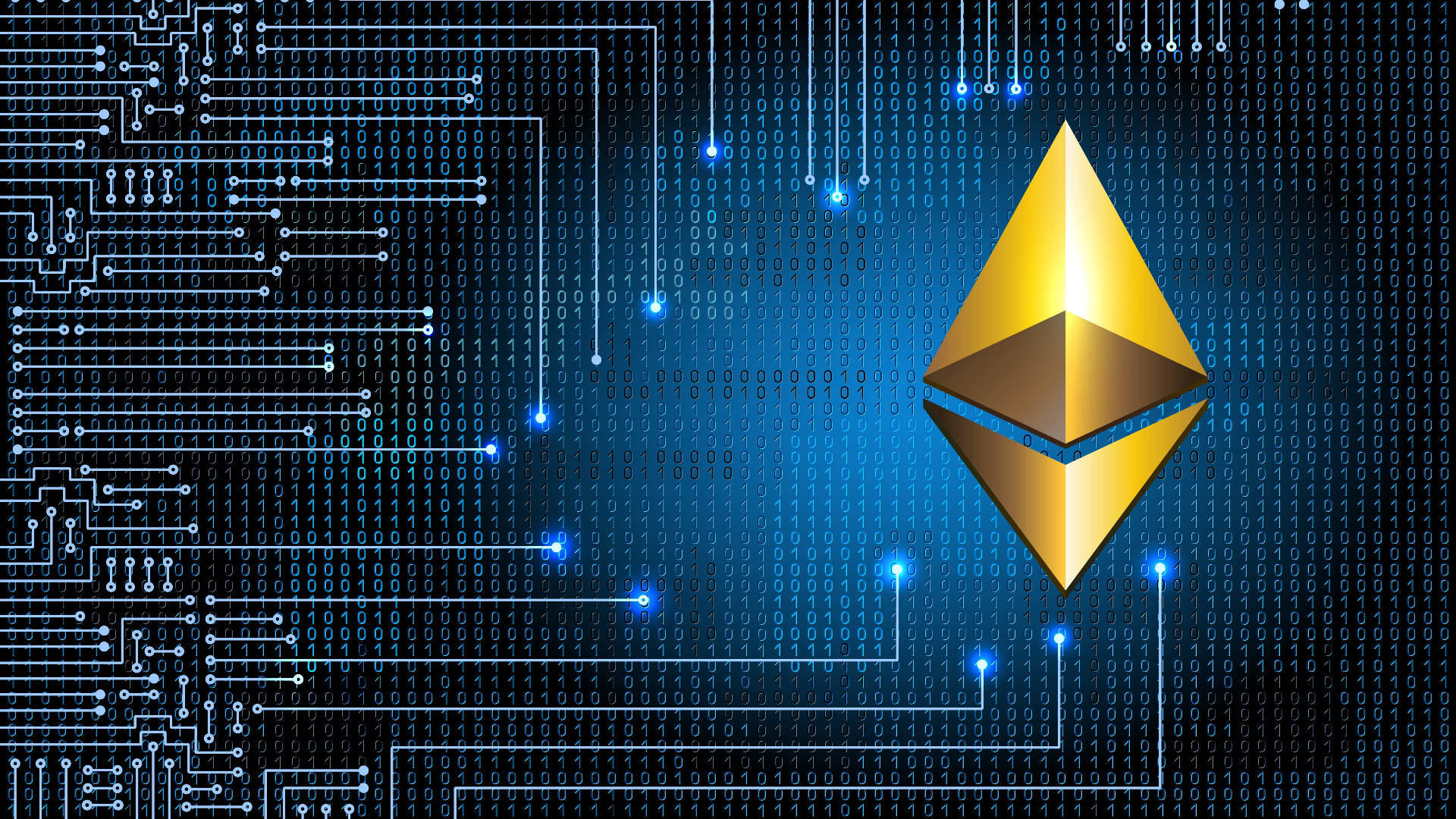 Ethereum, golden Ethereum logo, blue digital circuit board, Full HD Desktop Wallpaper
